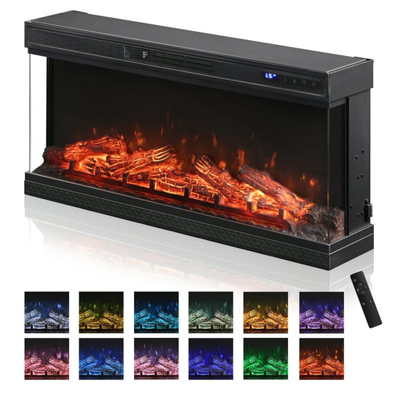 WAMPAT 36 inch 3-Sided Glass Electric Fireplace Insert, Freestanding Fireplace with Remote Control,12-Color Flame, 5 Adjustable Brightness,8 Hour Timer,1450W Fireplace Heater