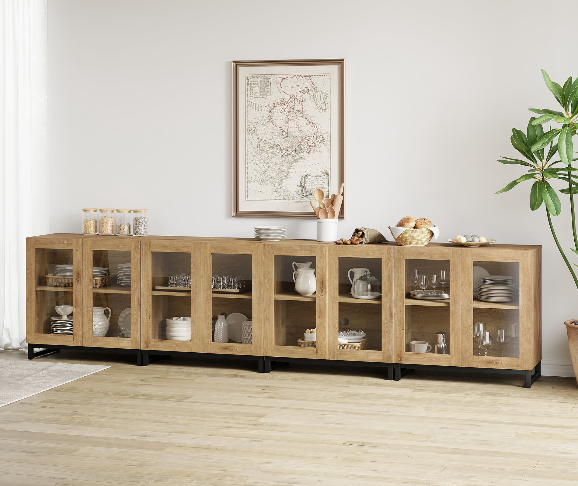 WAMPAT 4 in 1 Multifunctional Sideboard Buffet Cabinets with 8 Glass Doors, Modern Sideboard Credenza with Adjustable Shelf, Coffee Bar Storage Cabinet for Living Room, Kitchen, Oak