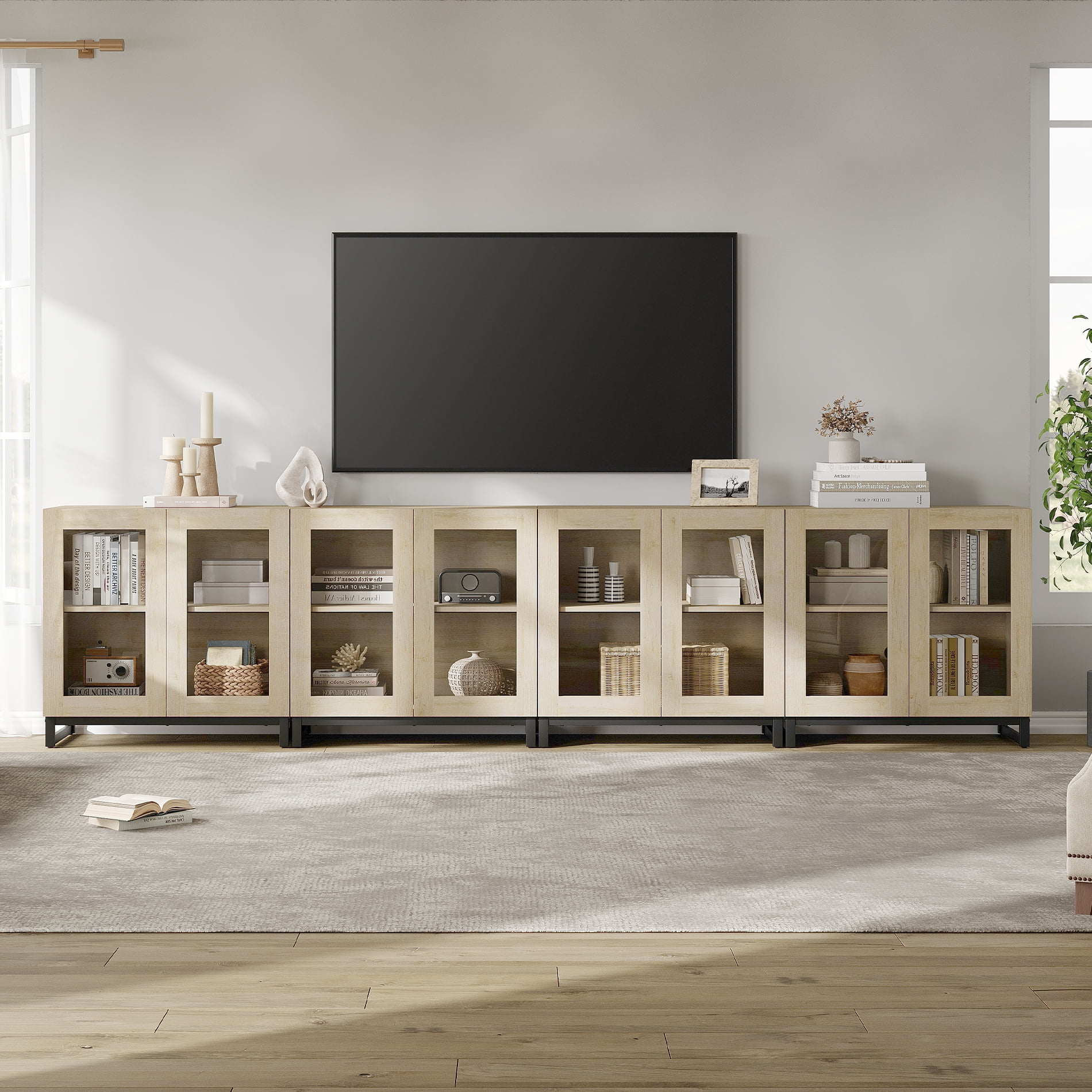 WAMPAT Modern TV Stand with Glass Doors for 120 inch TVs, 4 in 1 Entertainment Center Console with Adjustable Shelves and Metal Base for Living Room, Bedroom, Beige