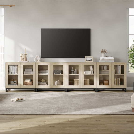 WAMPAT Modern TV Stand with Glass Doors for 120 inch TVs, 4 in 1 Entertainment Center Console with Adjustable Shelves and Metal Base for Living Room, Bedroom, Beige