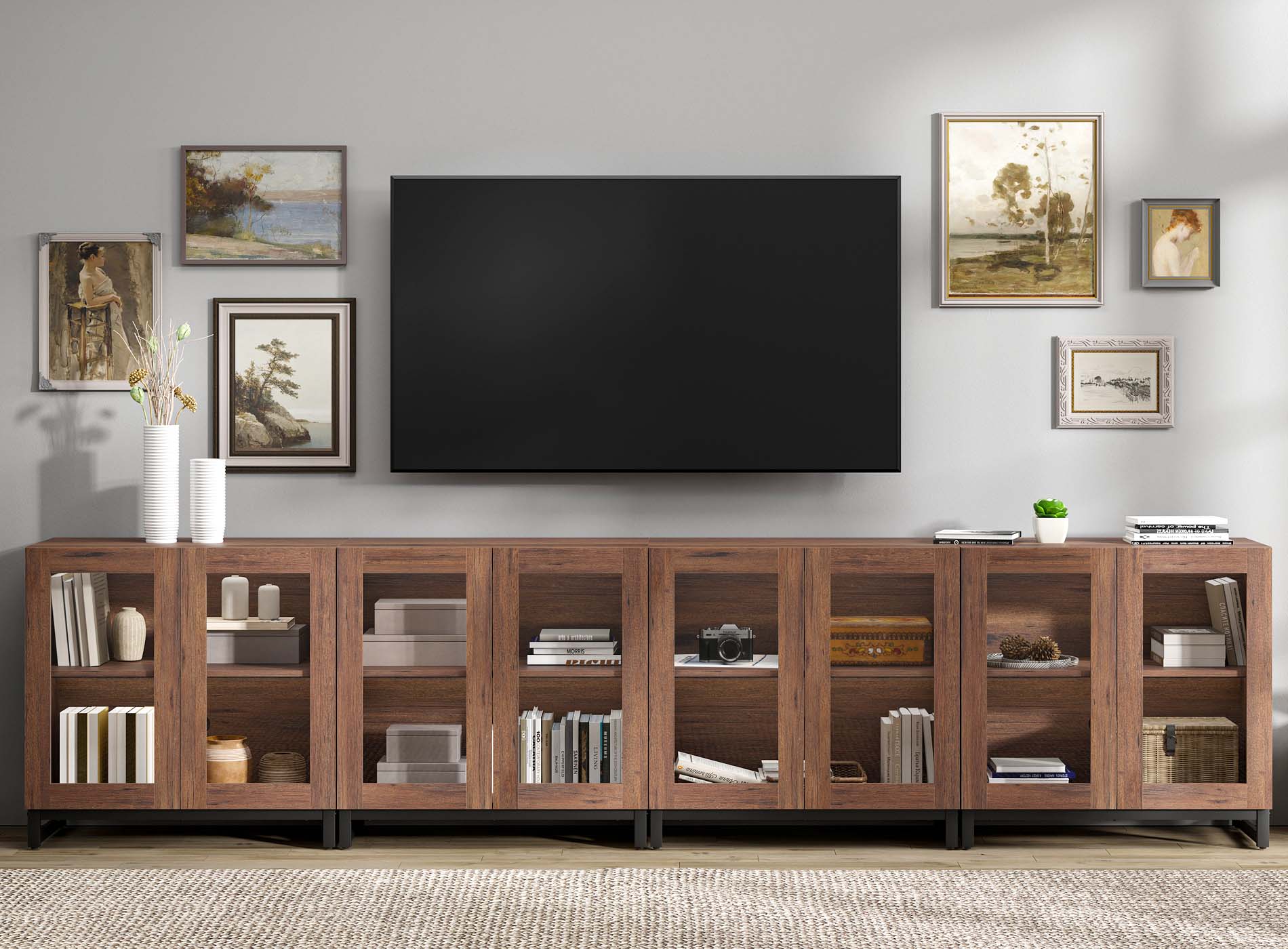 WAMPAT Modern TV Stand with Glass Doors for 120 inch TVs, 4 in 1 Entertainment Center Console with Adjustable Shelves and Metal Base for Living Room, Bedroom, Brown
