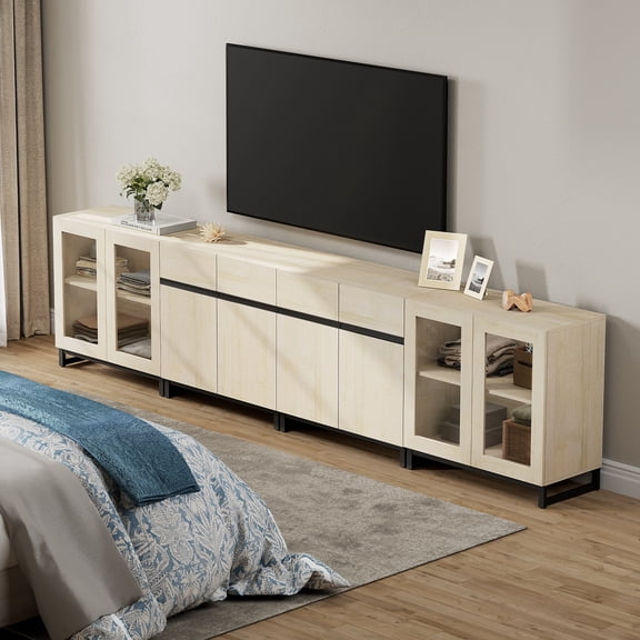 WAMPAT 4 in 1 TV Stand for TVs up to 120 inch, Modern TV Console with Glass Doors and 2 Drawers, Media Console with Adjustable Shelf for Living Room, Bedroom, Beige