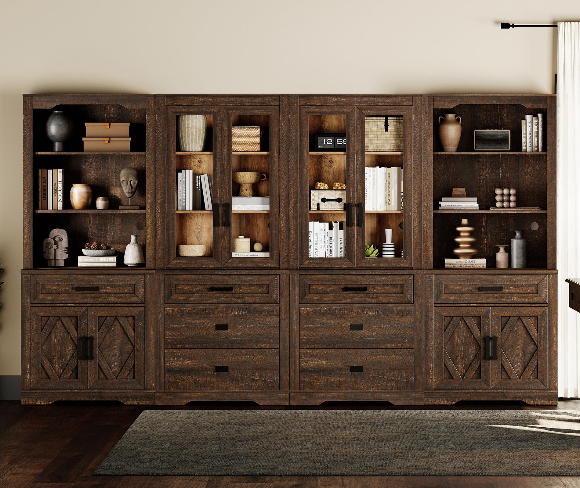 WAMPAT 4 Column 5 Tier Bookcase with Drawer,73.3" Tall Floor Standing Bookshelf,Modern Farmhouse Display Storage Cabinet with Adjustable Shelves for Living Room,Espresso Brown