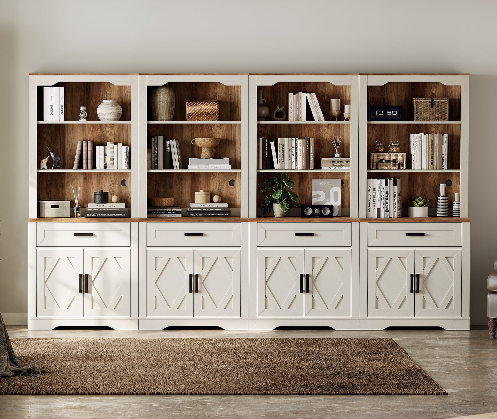 WAMPAT 4 Column 5 Tier Bookcase with Drawer,73.3" Tall Floor Standing Bookshelf,Modern Farmhouse Display Storage Cabinet with Adjustable Shelves for Living Room,Rustic White
