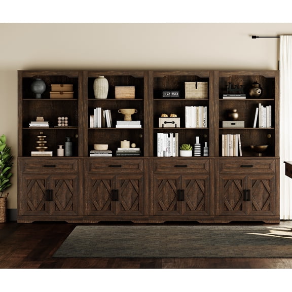 WAMPAT 4 Column 5 Tier Bookcase with Drawer,73.3" Tall Floor Standing Bookshelf,Modern Farmhouse Display Storage Cabinet with Adjustable Shelves for Living Room,Rustic Brown