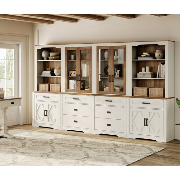 WAMPAT 4 Column 5 Tier Bookcase with Drawer,73.3" Tall Floor Standing Bookshelf,Modern Farmhouse Display Storage Cabinet with Adjustable Shelves for Living Room,White Oak