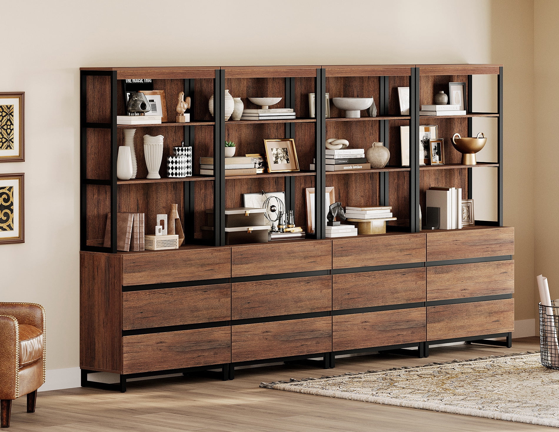 WAMPAT 4 PCS Modern 72" Tall Bookcase with 12 Drawers and Open Book Shelfs, Library Book Shelf with Storage Cabinet and Metal Base, Wood Freestanding Bookshelves for Home Office, Living Room, Brown