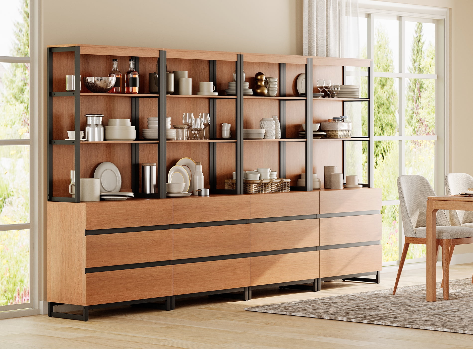 WAMPAT 4 PCS Modern 72" Tall Bookcase with 12 Drawers and Open Book Shelfs, Library Book Shelf with Storage Cabinet and Metal Base, Wood Freestanding Bookshelves for Home Office, Living Room, Mocha