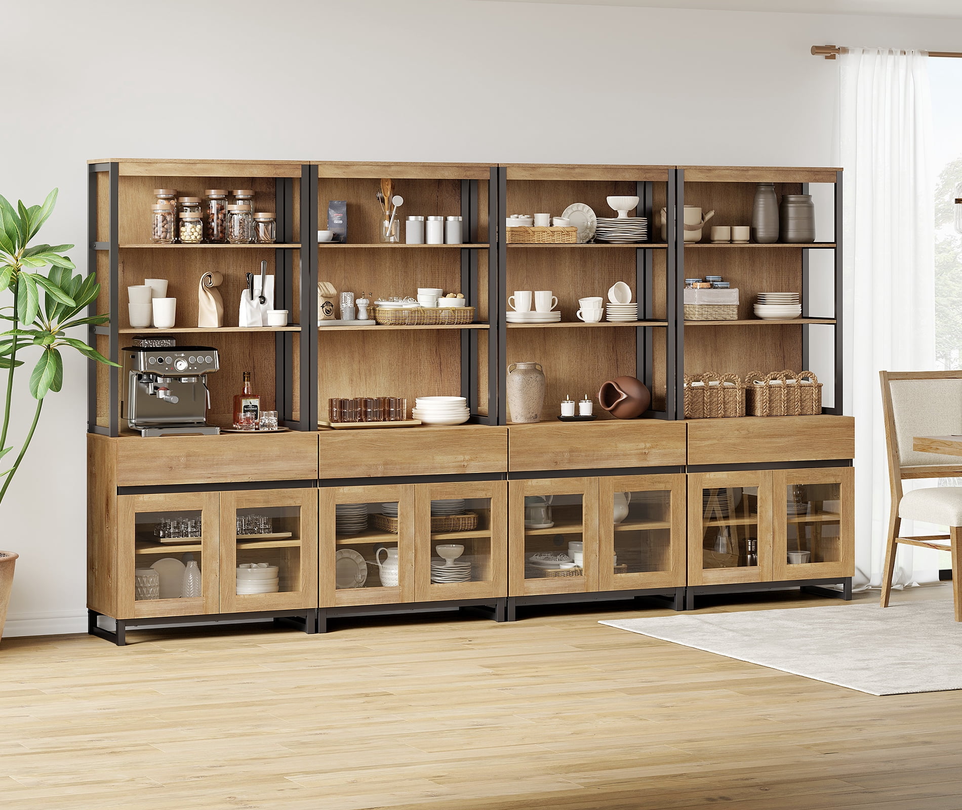 WAMPAT 4 PCS Modern 72" Tall Bookcase with 4 Drawers and Open Book Shelfs, Library Book Shelf with Storage Cabinet and Glass Doors, Wood Freestanding Bookshelves for Home Office, Living Room, Oak