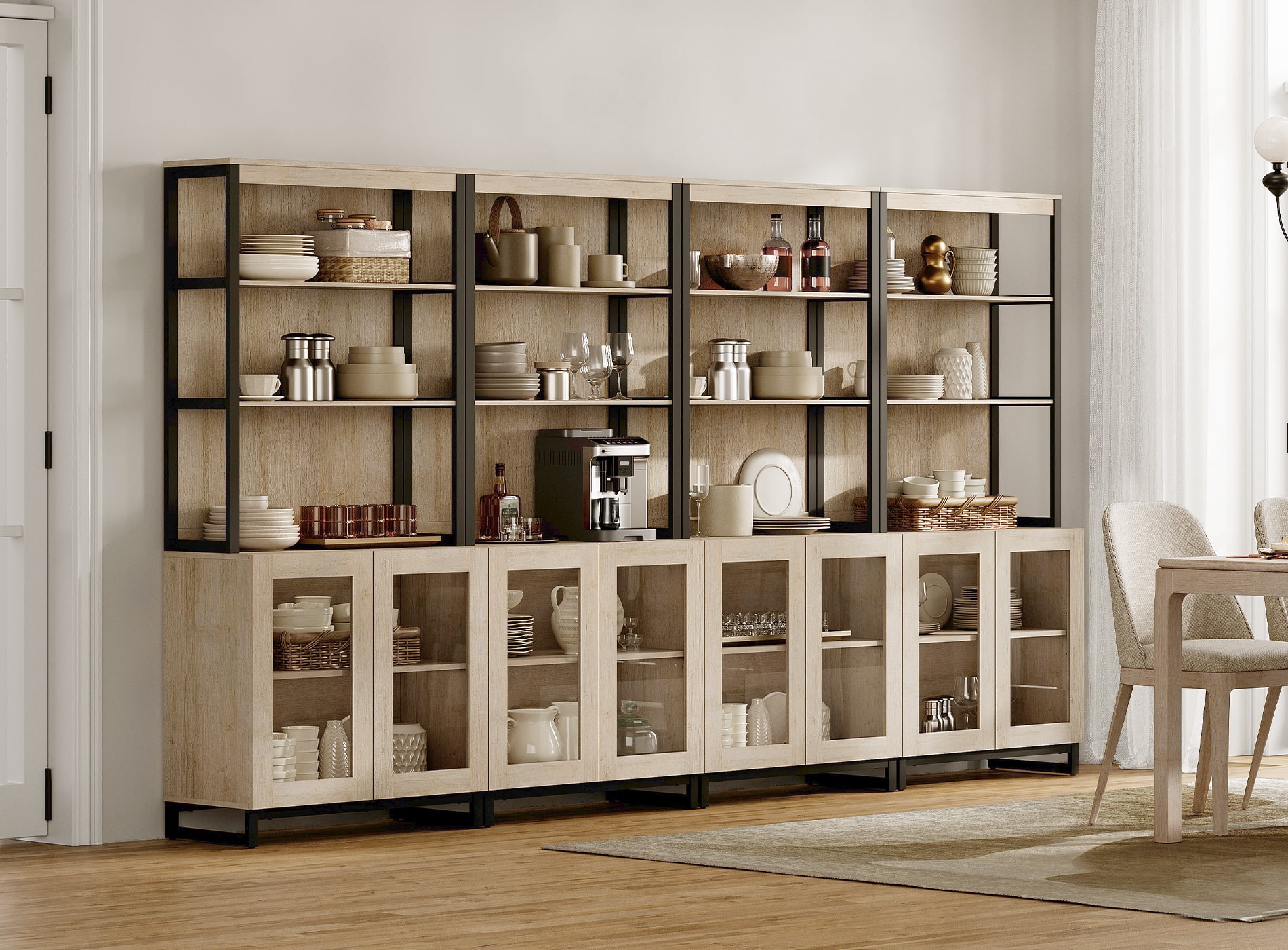 WAMPAT 4 PCS Modern 72" Tall Bookcases with Glass Doors and Adjustable Shelves, Library Book Shelf with Storage Cabinet and Open Book Shelfs, Wood Bookshelves for Home Office, Living Room, Beige