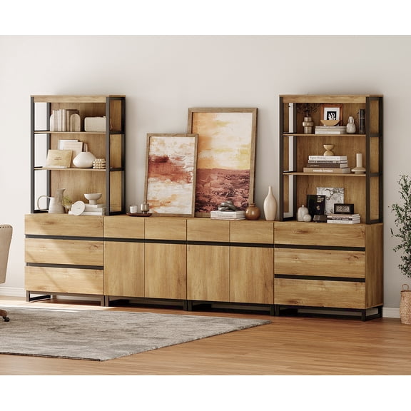 WAMPAT 4-Piece 72" Tall Modern Wood Bookcase with 6 Drawers & Adjustable Shelves, Freestanding Library Bookshelf with Storage Cabinet & Open Shelving for Home Office, Living Room, Oak