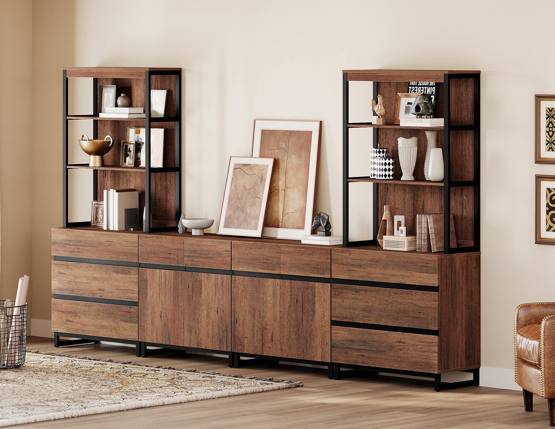 WAMPAT 4-Piece 72" Tall Modern Wood Bookcase with 6 Drawers & Adjustable Shelves, Freestanding Library Bookshelf with Storage Cabinet & Open Shelving for Home Office, Living Room, Brown