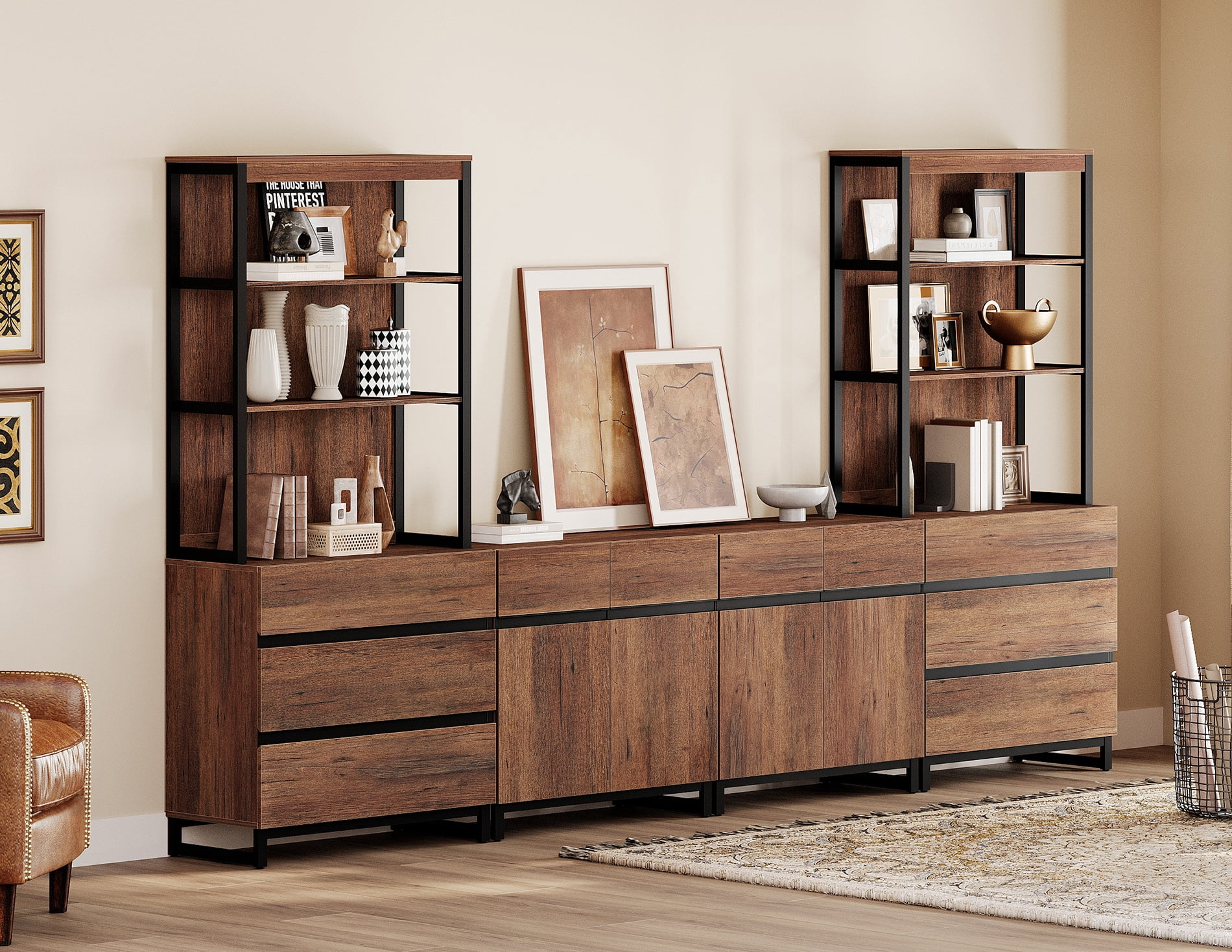 WAMPAT 4-Piece 72" Tall Modern Wood Bookcase with 6 Drawers & Adjustable Shelves, Freestanding Library Bookshelf with Storage Cabinet & Open Shelving for Home Office, Living Room, Brown