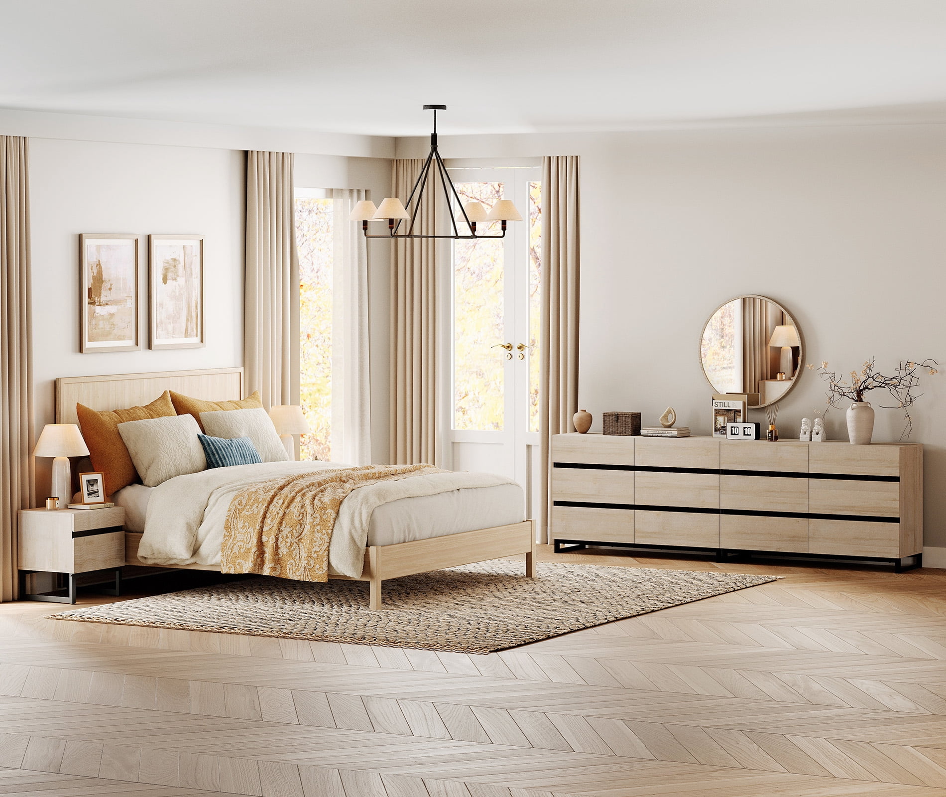 WAMPAT 4-Piece Bedroom Set,Modern 94.5" 12-Drawer Dresser & 2 Nightstands (2 Drawers Each)
