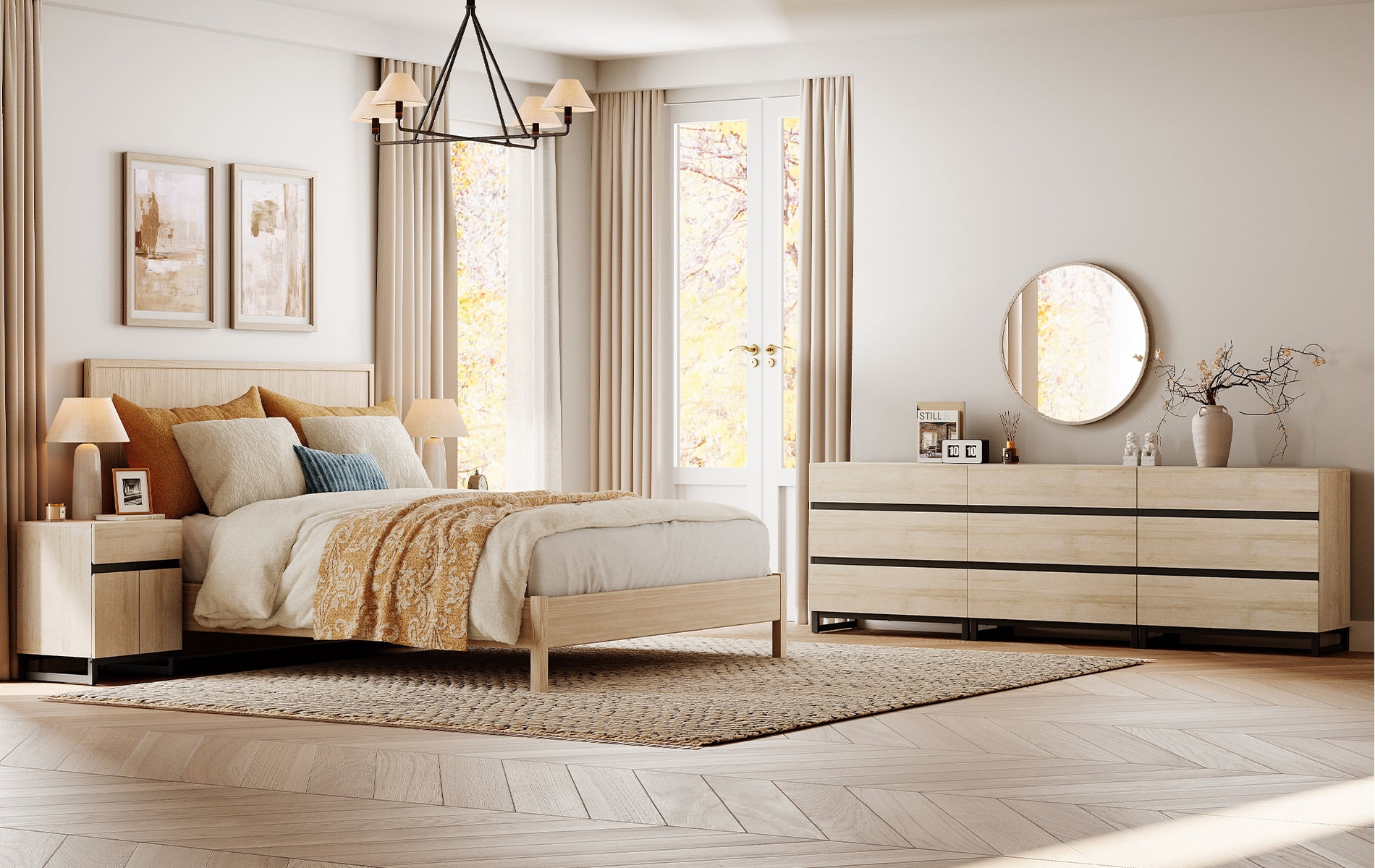 WAMPAT 4-Piece Dresser & Nightstand Set, 94.5 Inch 6-Drawer Dresser & 2 Nightstands with Drawer & Cabinet, Bedroom Furniture Collection