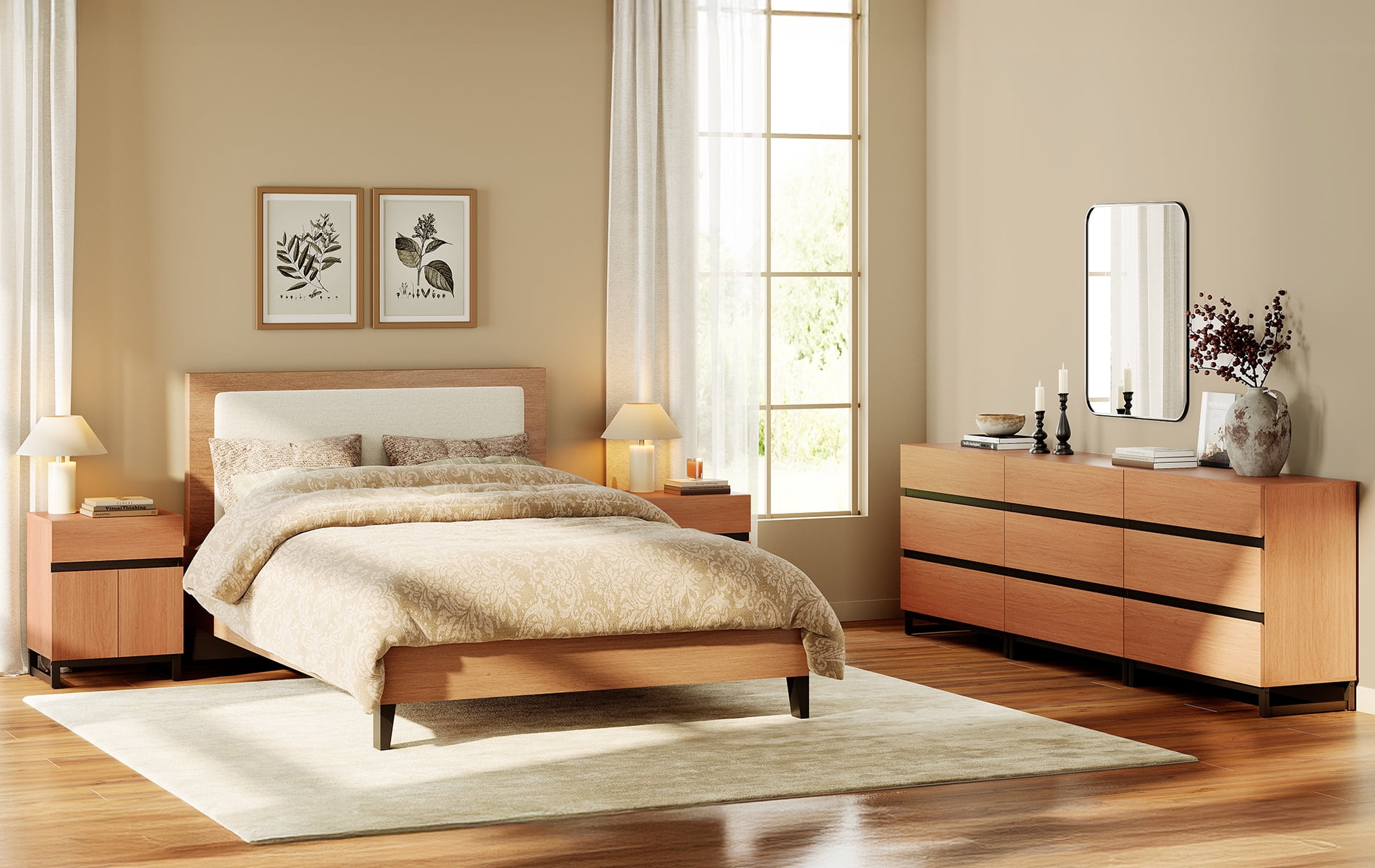 WAMPAT 4-Piece Dresser & Nightstand Set, 94.5 Inch 6-Drawer Dresser & 2 Nightstands with Drawer & Cabinet, Bedroom Furniture Collection