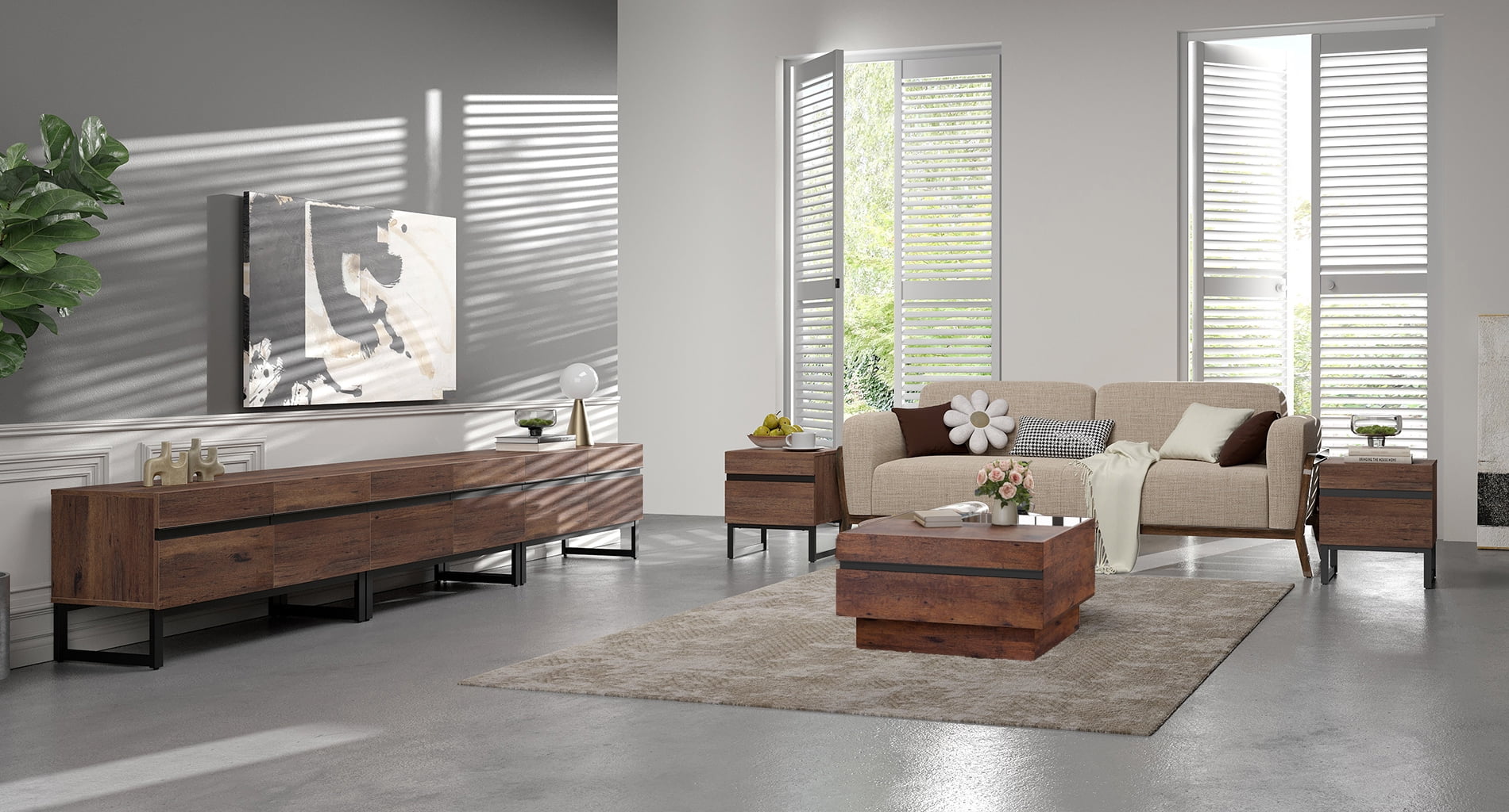 WAMPAT 4-Piece Living Room Furniture Set, 106.2" TV Stand, 1 Square Tempered Glass Top Coffee Table, 2 End Tables with Drawers, Modern Entertainment Center Console Table，Brown