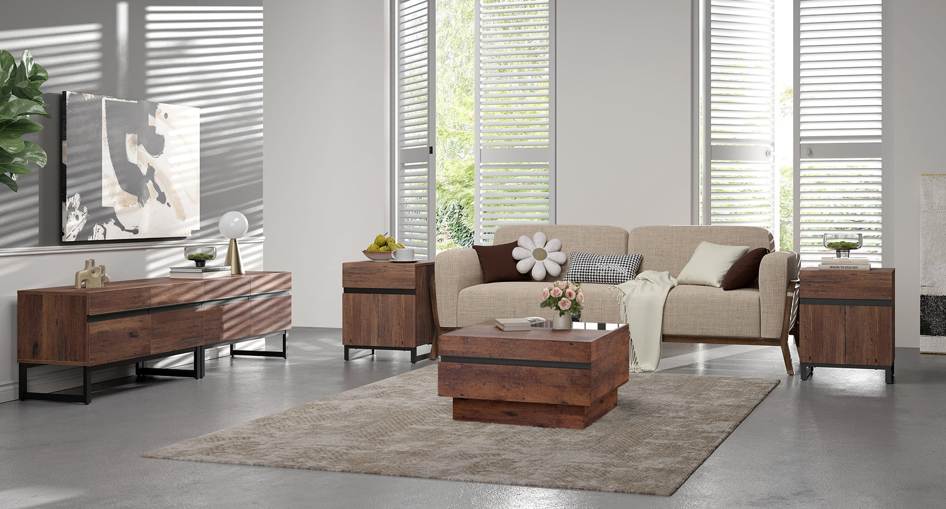 WAMPAT 4-Piece Living Room Furniture Set, 70.9" TV Stand, 1 Square Tempered Glass Top Coffee Table, 2 End Tables with Drawers, Modern Entertainment Center Console Table，Brown