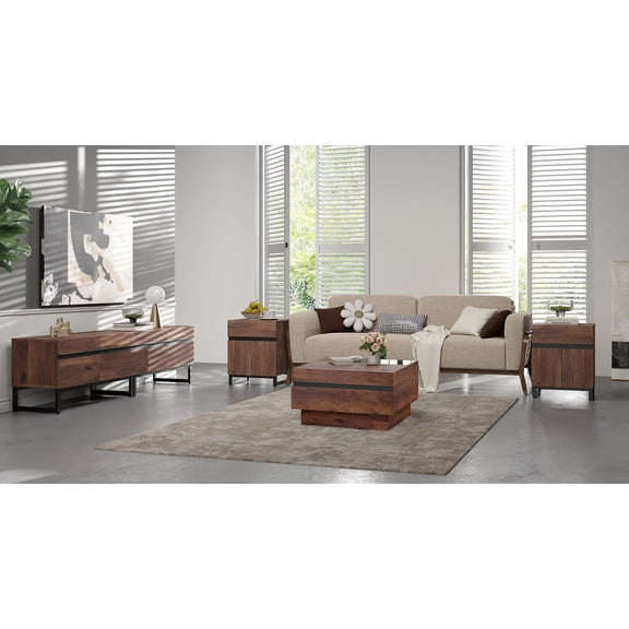 WAMPAT 4-Piece Living Room Furniture Set, 70.9" TV Stand, 1 Square Tempered Glass Top Coffee Table, 2 End Tables with Drawers, Modern Entertainment Center Console Table,Brown