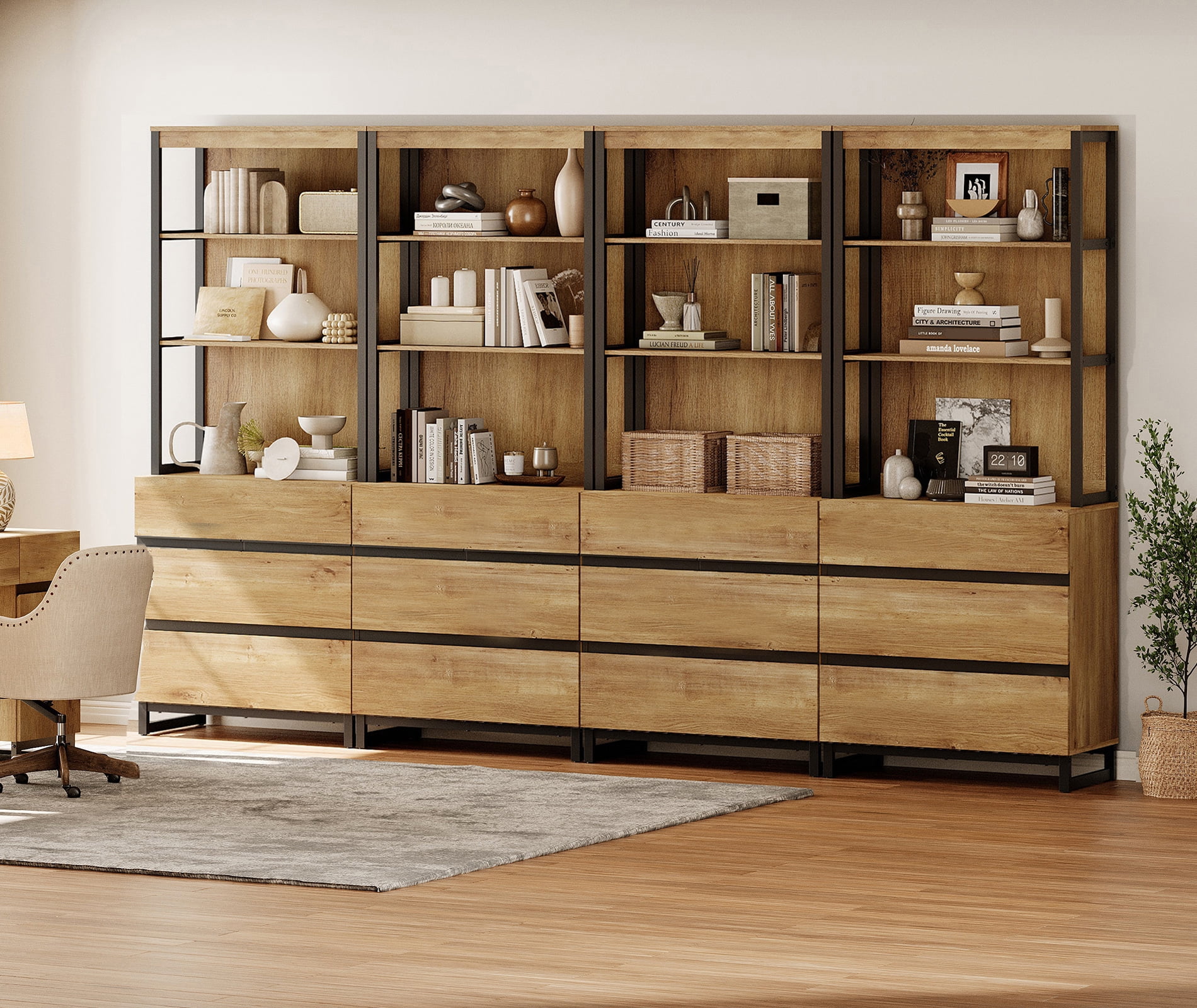 WAMPAT 4-Piece Modern 72" Tall Freestanding Bookcase，12 Drawers, Open Shelves & Storage Cabinet with Metal Base，Wood Library Bookshelf for Home Office & Living Room