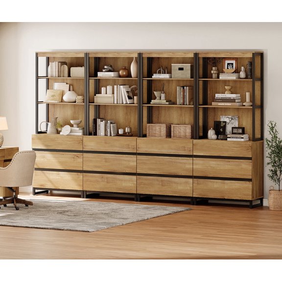 WAMPAT 4-Piece Modern 72" Tall Library Bookcases with 12 Drawers & Open Shelves, Wood Freestanding Bookshelves with Storage Cabinet & Metal Base for Home Office & Living Room, Oak