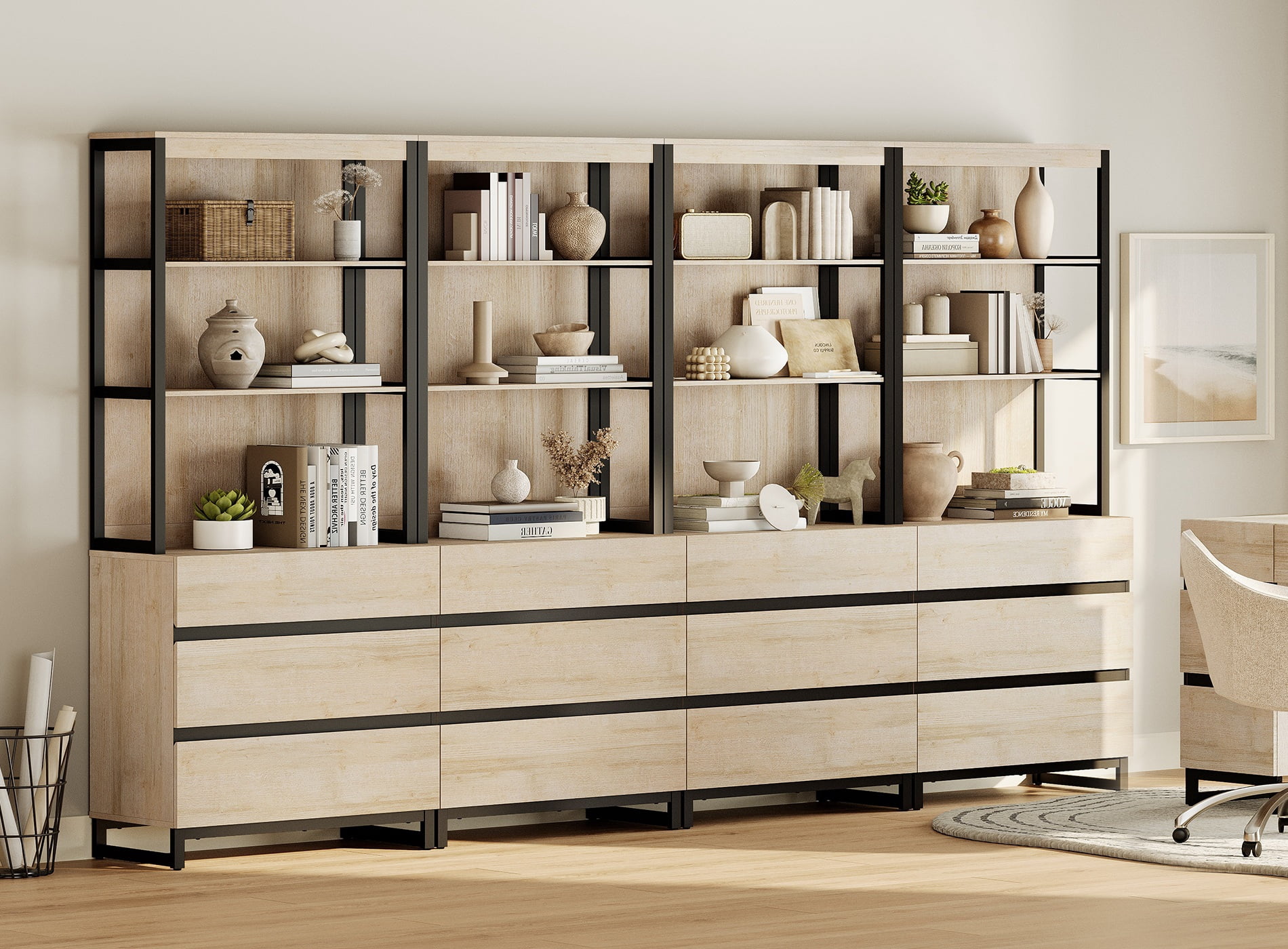 WAMPAT 4-Piece Modern 72" Tall Library Bookcases with 12 Drawers & Open Shelves, Wood Freestanding Bookshelves with Storage Cabinet & Metal Base for Home Office & Living Room, Beige