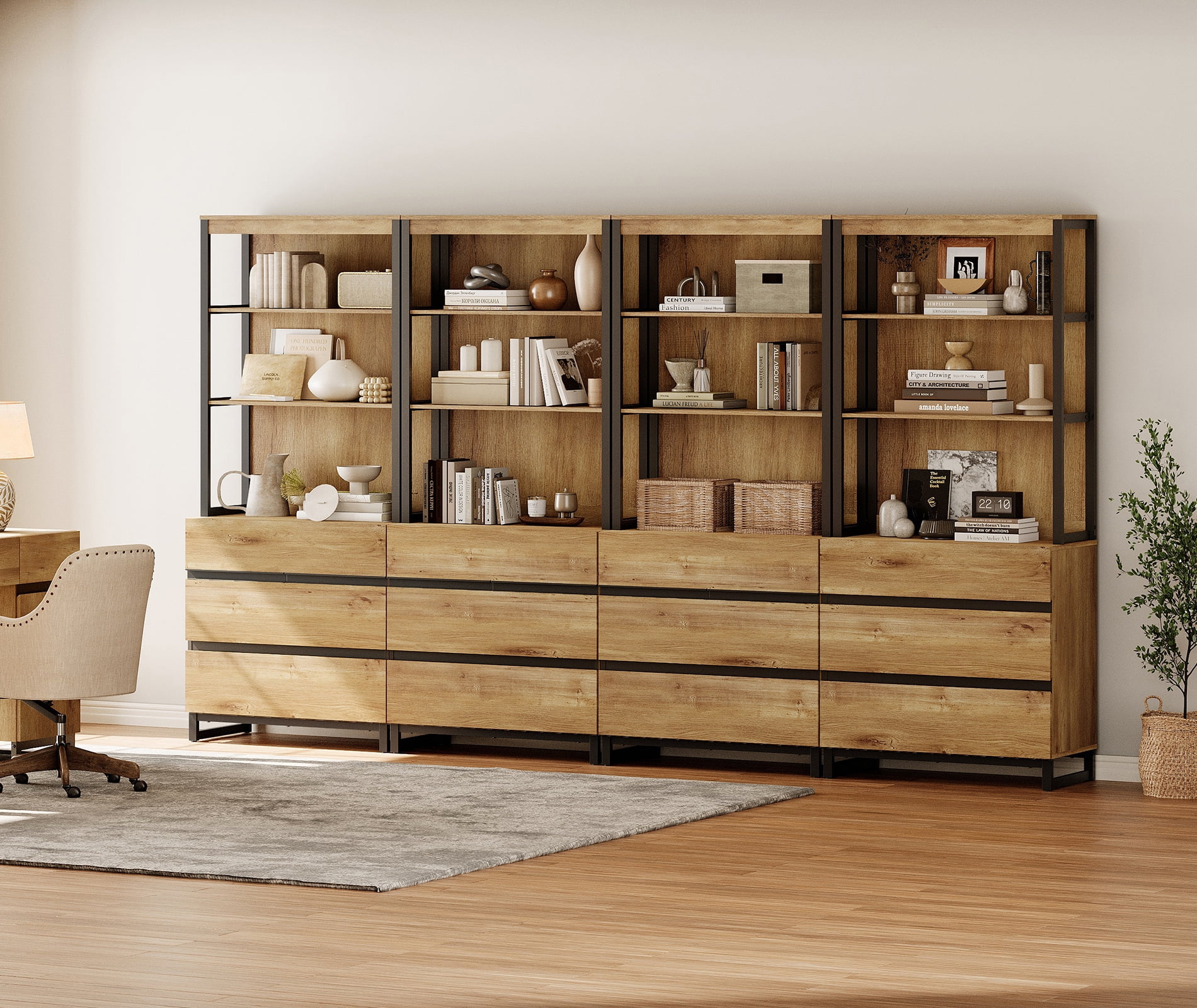 WAMPAT 4-Piece Modern 72" Tall Library Bookcases with 12 Drawers & Open Shelves, Wood Freestanding Bookshelves with Storage Cabinet & Metal Base for Home Office & Living Room, Oak