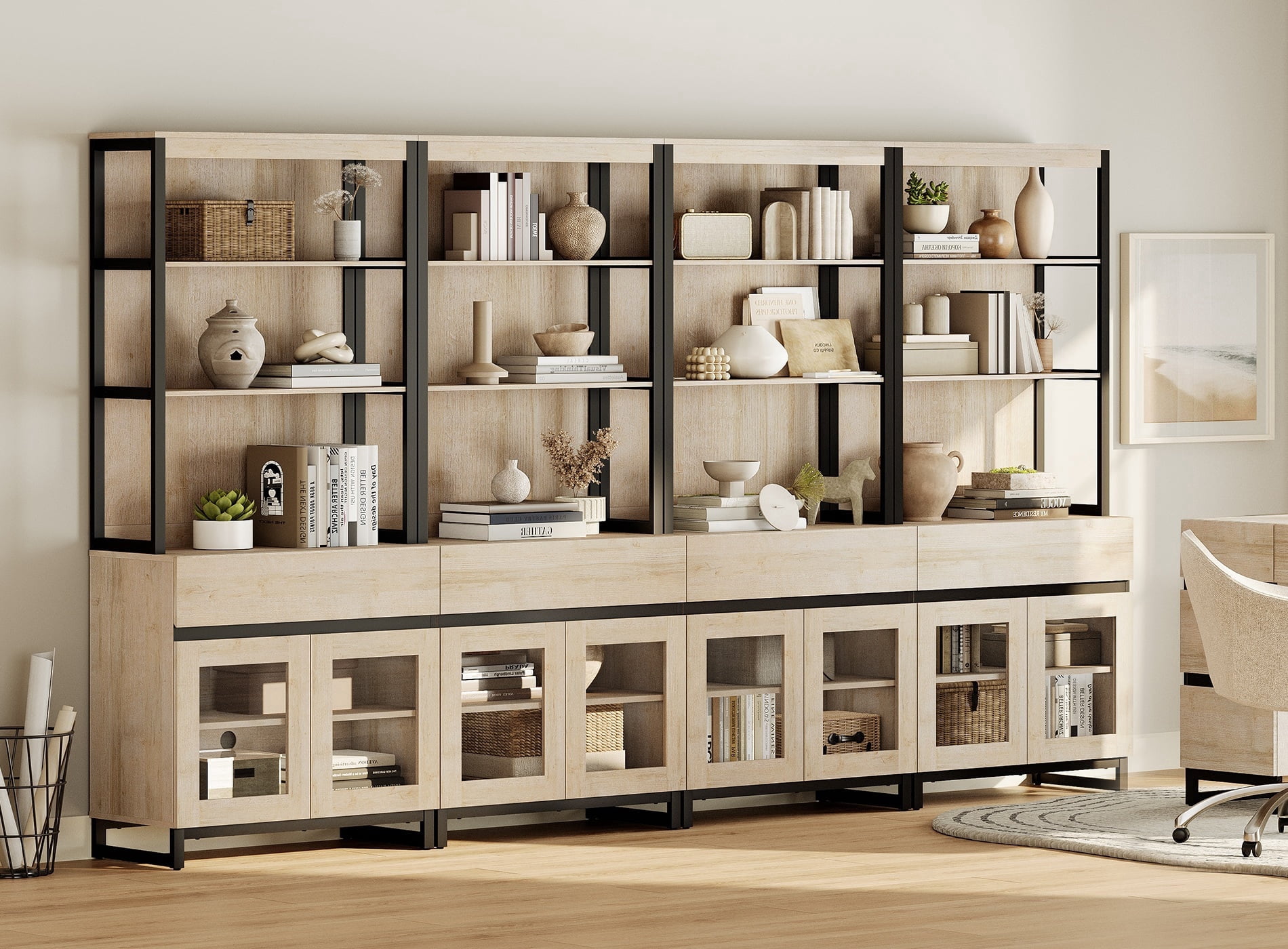 WAMPAT 4-Piece Modern 72" Tall Library Bookcases with 4 Drawers & Open ...