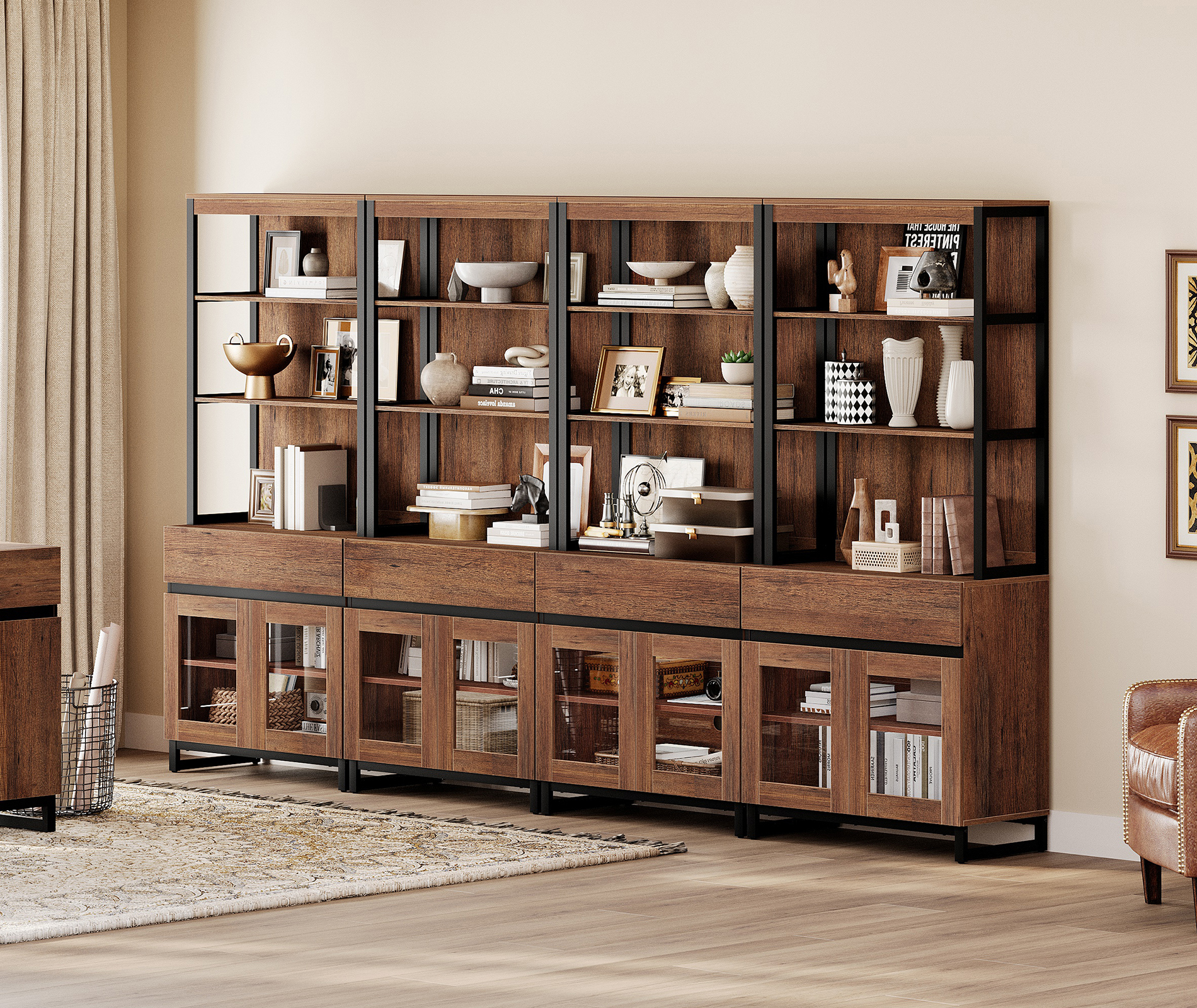 WAMPAT 4-Piece Modern 72" Tall Library Bookcases with 4 Drawers & Open ...