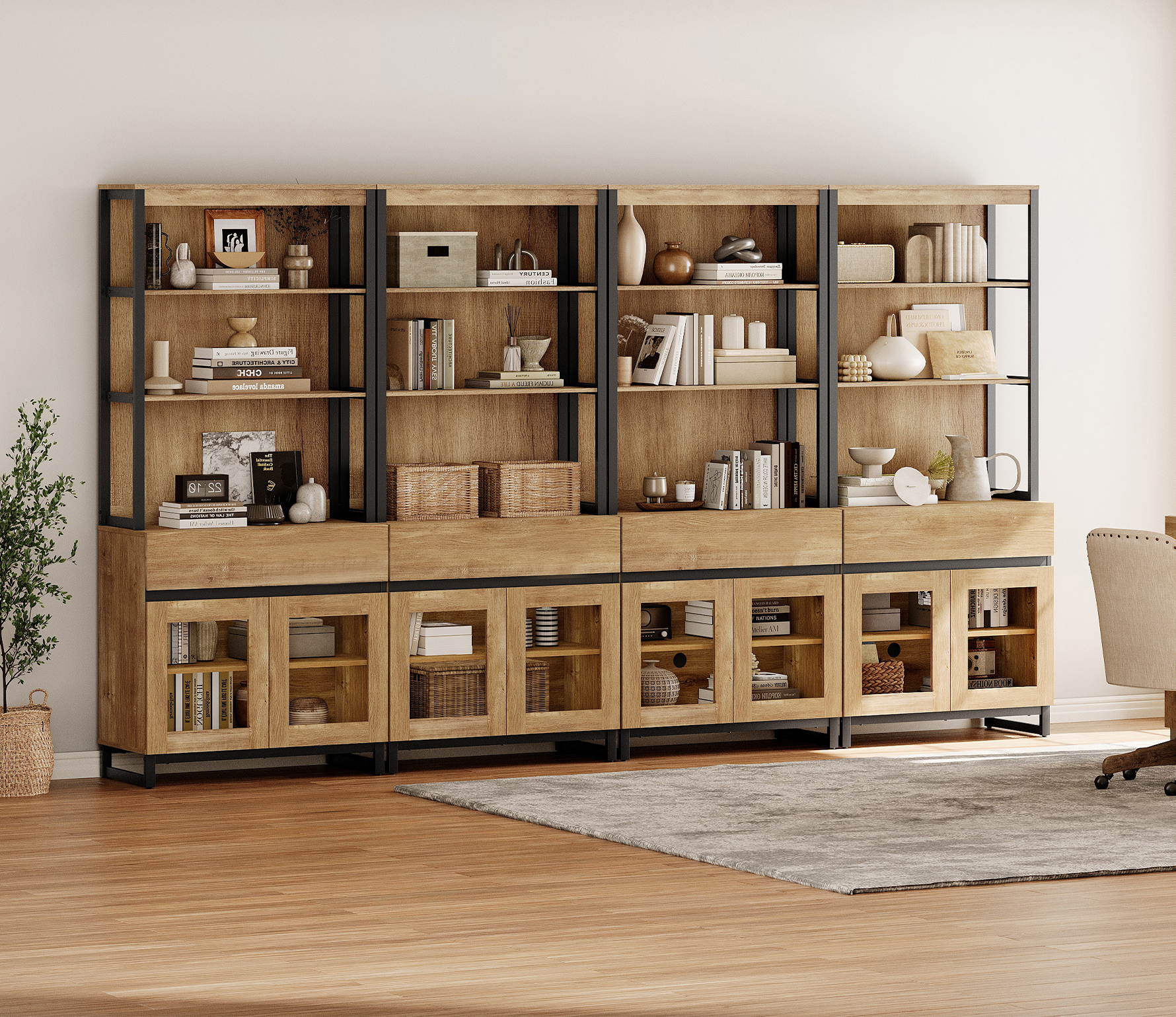 WAMPAT 4-Piece Modern 72" Tall Library Bookcases with 4 Drawers & Open ...