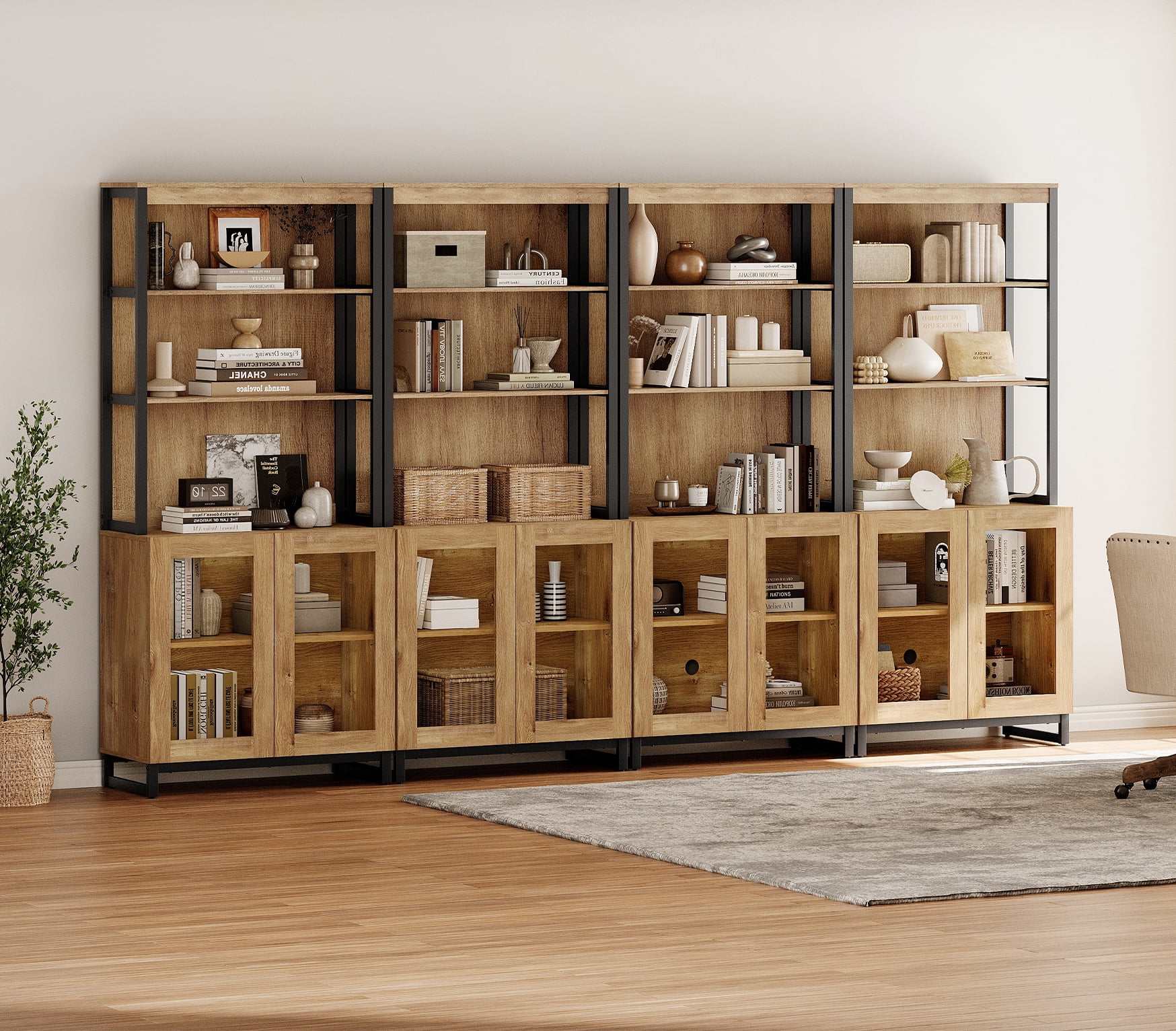 WAMPAT 4-Piece Modern 72" Tall Library Bookcases with Glass Doors & Adjustable Shelves, Wood Bookshelves with Storage Cabinet & Open Shelves for Home Office & Living Room, Oak