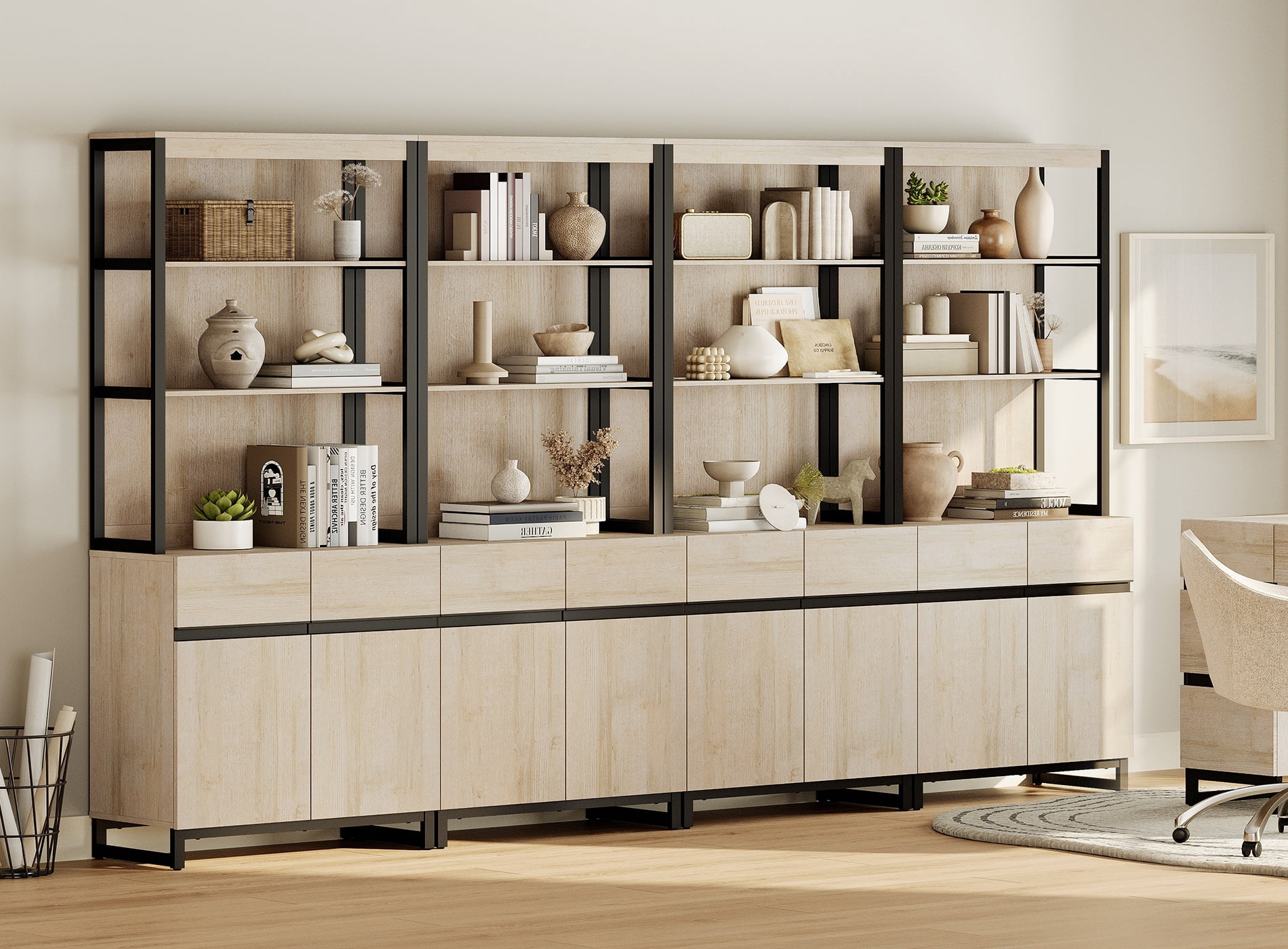 WAMPAT 4-Piece Modern 72" Tall Library Bookcases with Metal Base & Adjustable Shelves, Wood Bookshelves with Storage Cabinet & Open Shelves for Home Office & Living Room, Beige