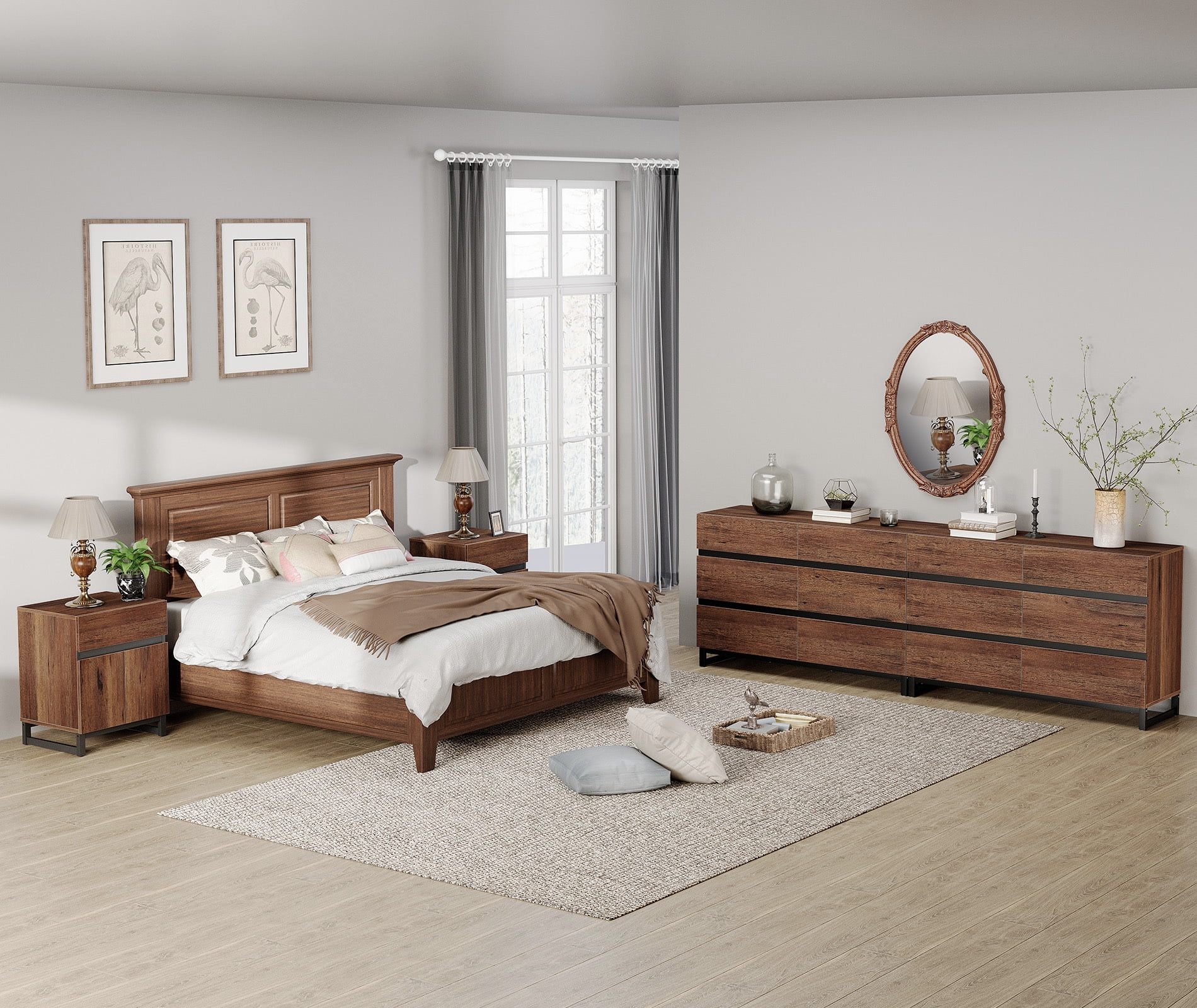 WAMPAT 4-Piece Modern Bedroom Furniture Set, 94.5-Inch Dresser with 12 Drawers and 2 Nightstands Featuring Drawer and Cabinet Design, Bedroom Set of 4, Brown