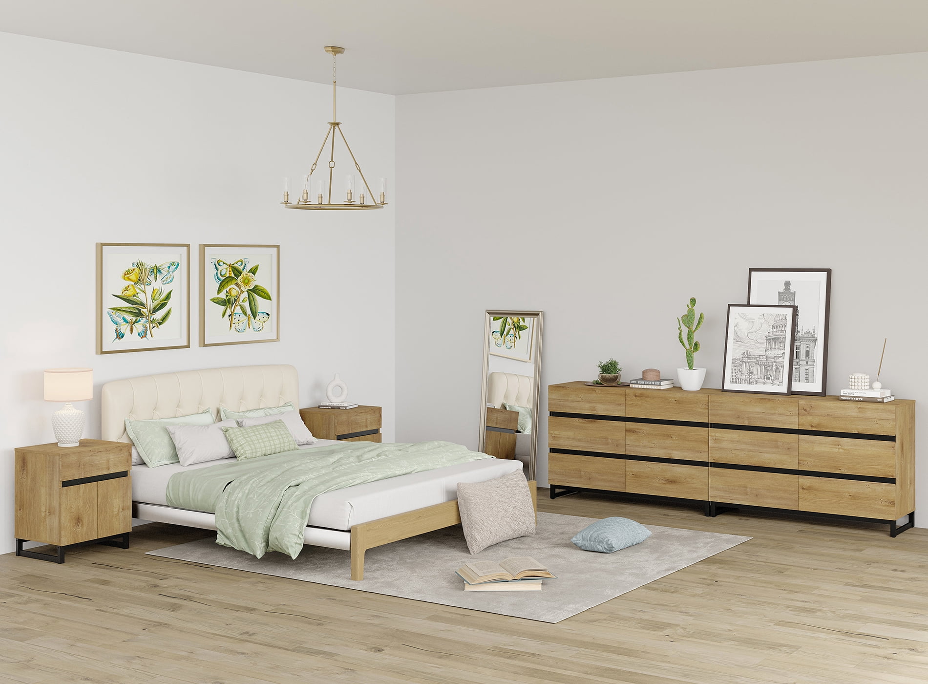 WAMPAT 4-Piece Modern Bedroom Furniture Set, 94.5-Inch Dresser with 12 Drawers and 2 Nightstands Featuring Drawer and Cabinet Design, Bedroom Set of 4, Oak