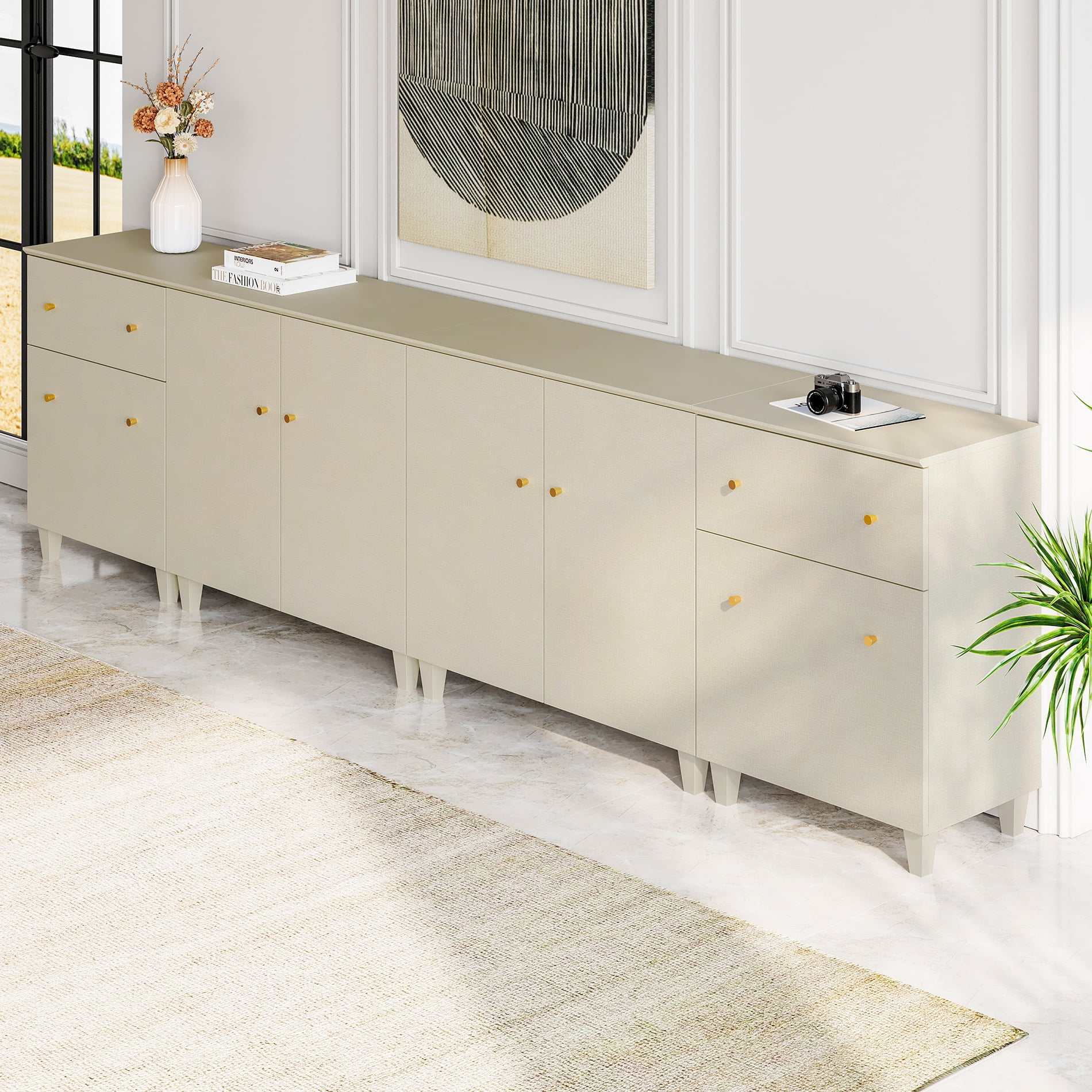 WAMPAT 4 Pieces Sideboards with Doors and Drawers for Dining Room Kitchen, Beige, 32.4" H, 3 Packs