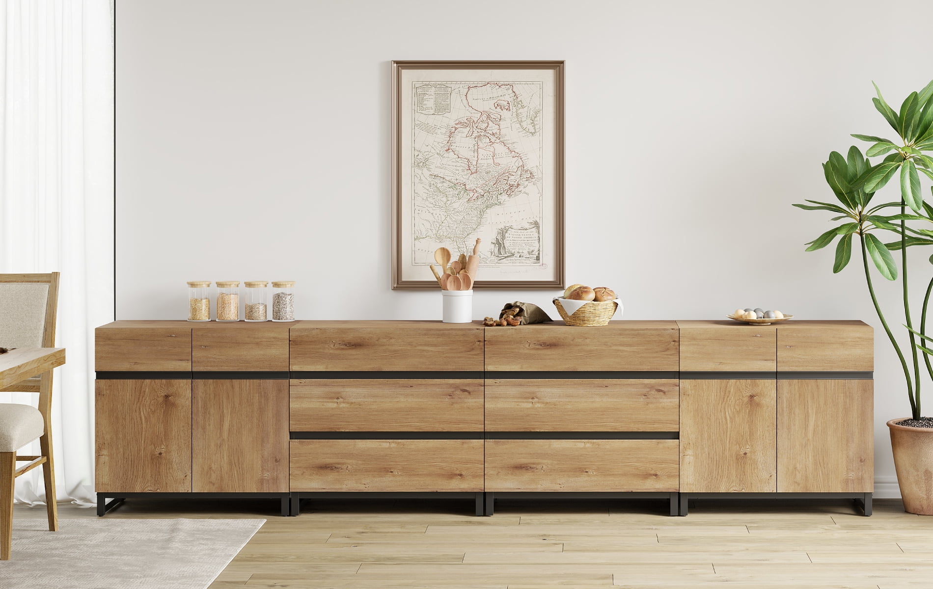 WAMPAT 4 in 1 Modern Sideboard with Adjustable Shelves and 6 Drawers, Coffee Bar Cabinet for Living Room, Kitchen, Oak