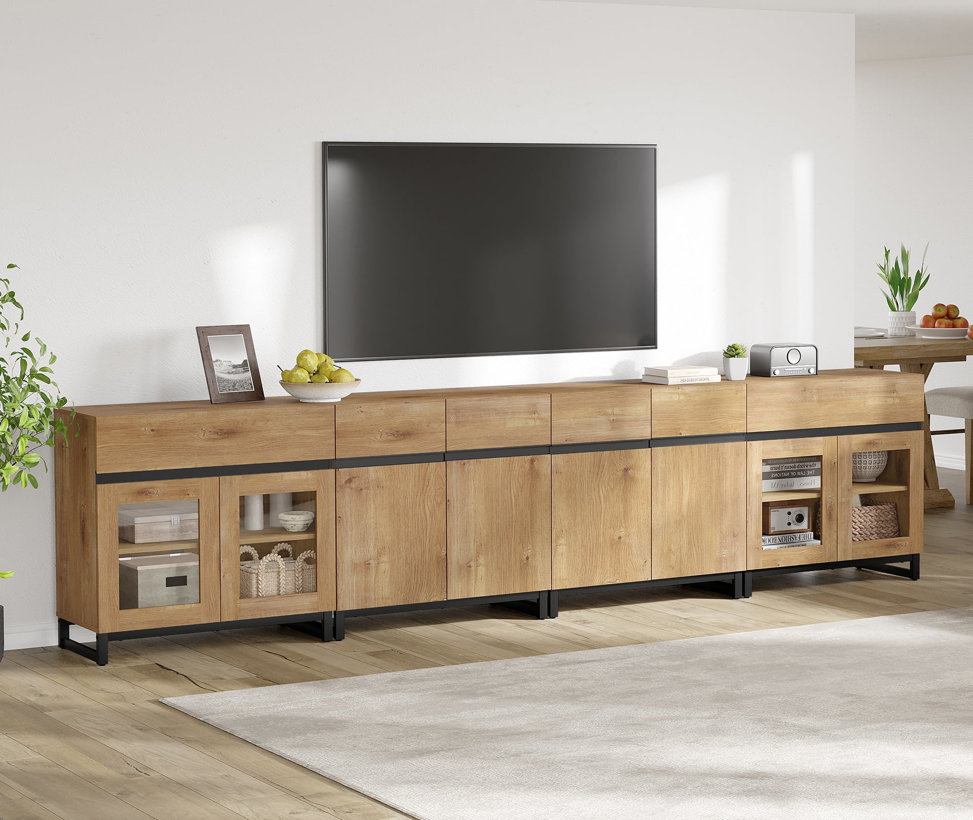 WAMPAT 4-in-1 Modern TV Stand for TVs up to 120 Inch, Glass Doors & 2 Drawers Entertainment Center,Media Console with Adjustable Shelf for Living Room & Bedroom