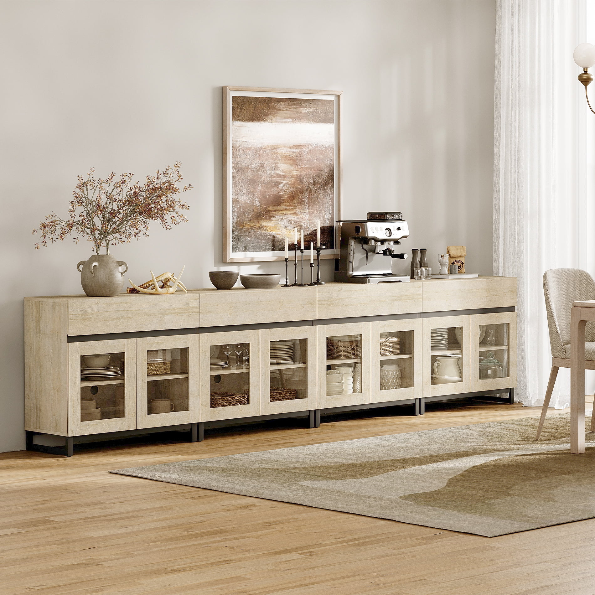 WAMPAT 4-in-1 Multifunctional Modern Sideboard Buffet Cabinet with 8 Glass Doors & 4 Drawers, Metal Base Credenza & Coffee Bar Storage Cabinet for Living Room & Kitchen