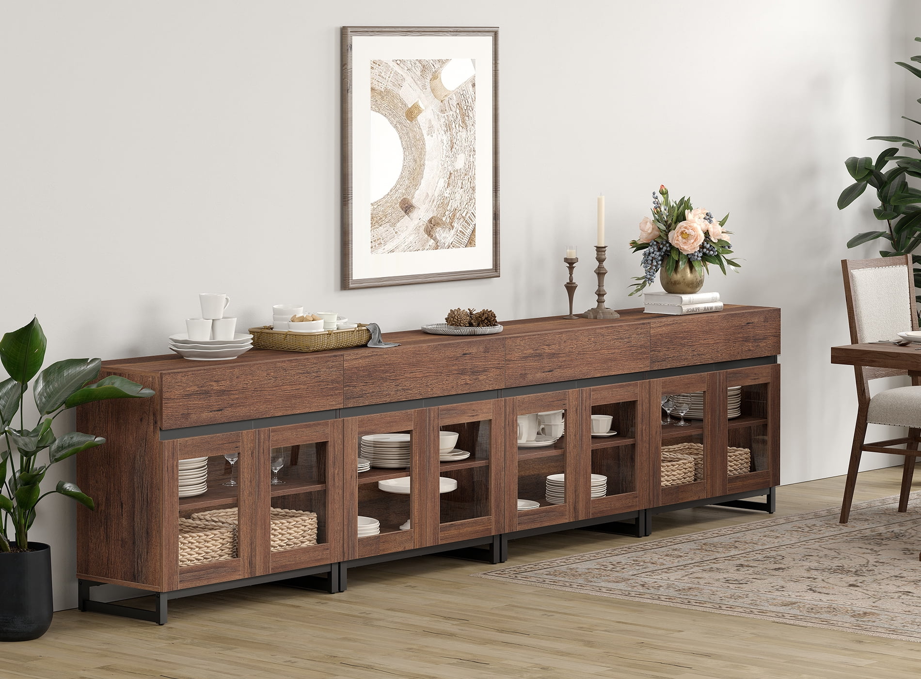 WAMPAT 4-in-1 Multifunctional Modern Sideboard Buffet Cabinet with 8 Glass Doors & 4 Drawers, Metal Base Credenza & Coffee Bar Storage Cabinet for Living Room & Kitchen