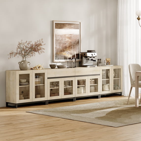 WAMPAT 4-in-1 Multifunctional Modern Sideboard Buffet with Glass Doors and 2 Drawers, Adjustable Shelf & Metal Base for Coffee Bar & Storage Credenza