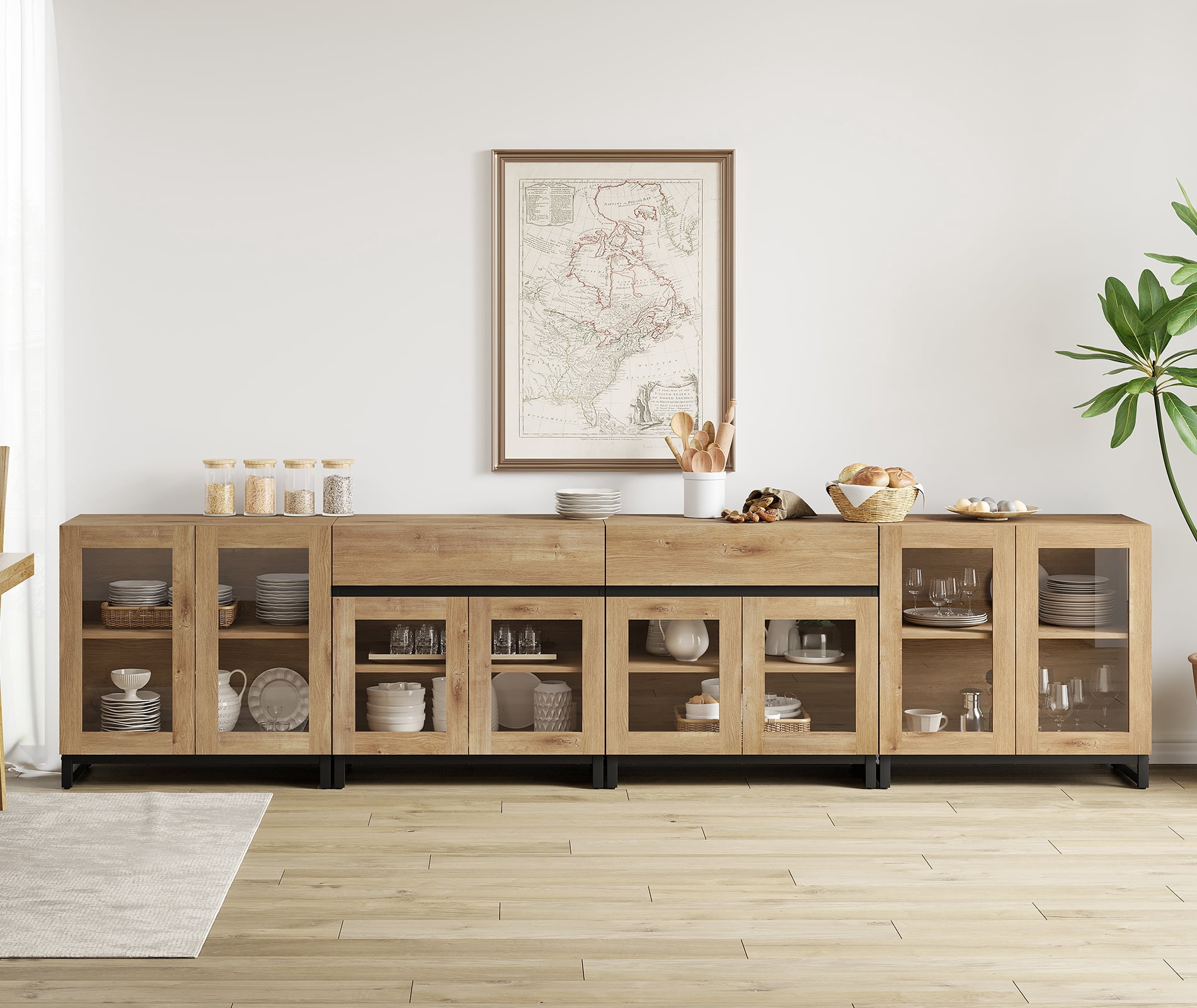 WAMPAT 4-in-1 Multifunctional Modern Sideboard Buffet with Glass Doors and 2 Drawers, Adjustable Shelf & Metal Base for Coffee Bar & Storage Credenza