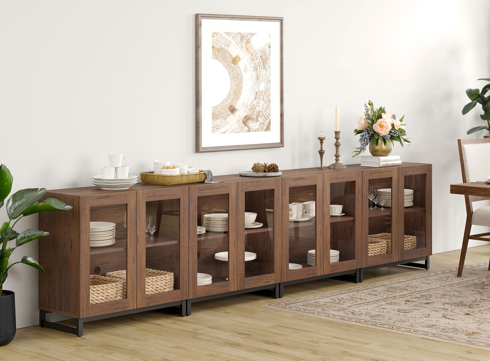 WAMPAT 4-in-1 Multifunctional Sideboard Buffet Cabinet with 8 Glass Doors and Adjustable Shelf Coffee Bar Storage Cabinet for Living Room Kitchen,Brown