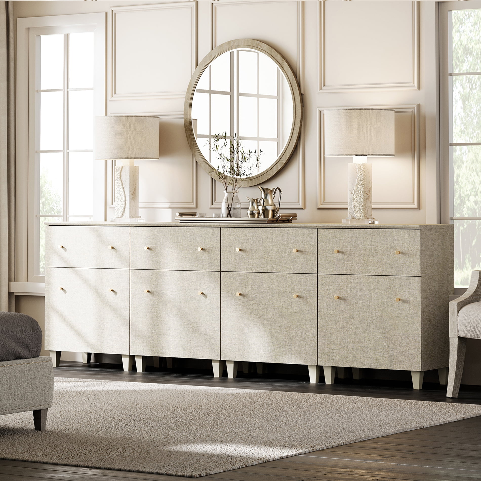 WAMPAT 4-in-1 Wood Dresser with 4 Drawers and 4 Cabinets for Bedroom, Modern Chest of Drawers, 94" Wide, Beige Linen Printed Finish