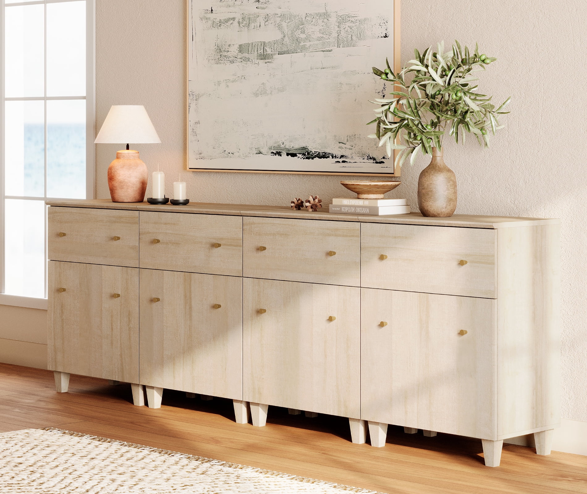 WAMPAT 4-in-1 Wood Dresser with 4 Drawers and 4 Cabinets for Bedroom, Modern Chest of Drawers, 94" Wide, Light Oak Wood Finish