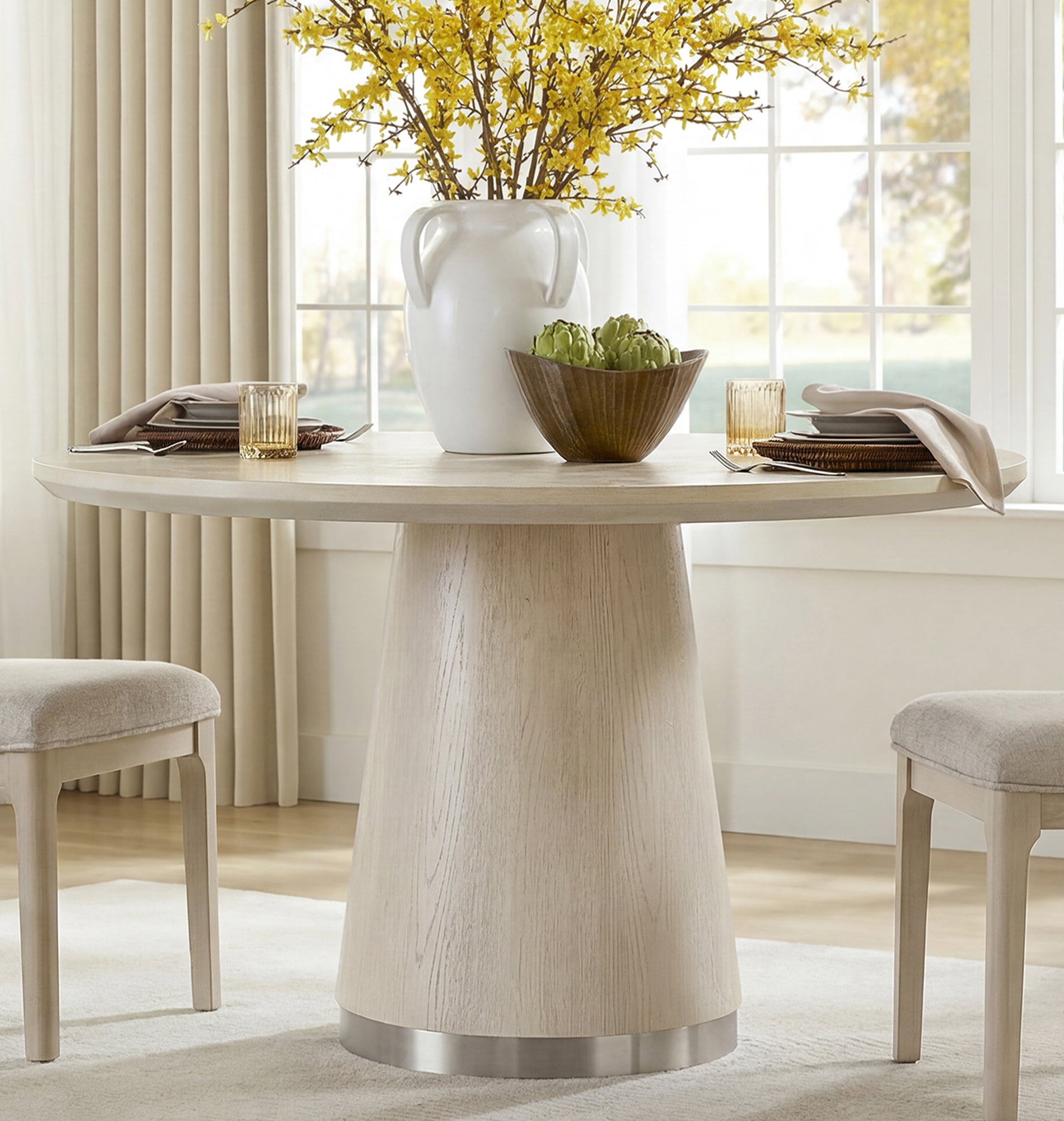 WAMPAT 43-Inch Pedestal Round Dining Table for 2-4, Small Space Kitchen Table with Light Oak Wood Grain & Silver Décor, Mid Century Modern Circle Dinner Table