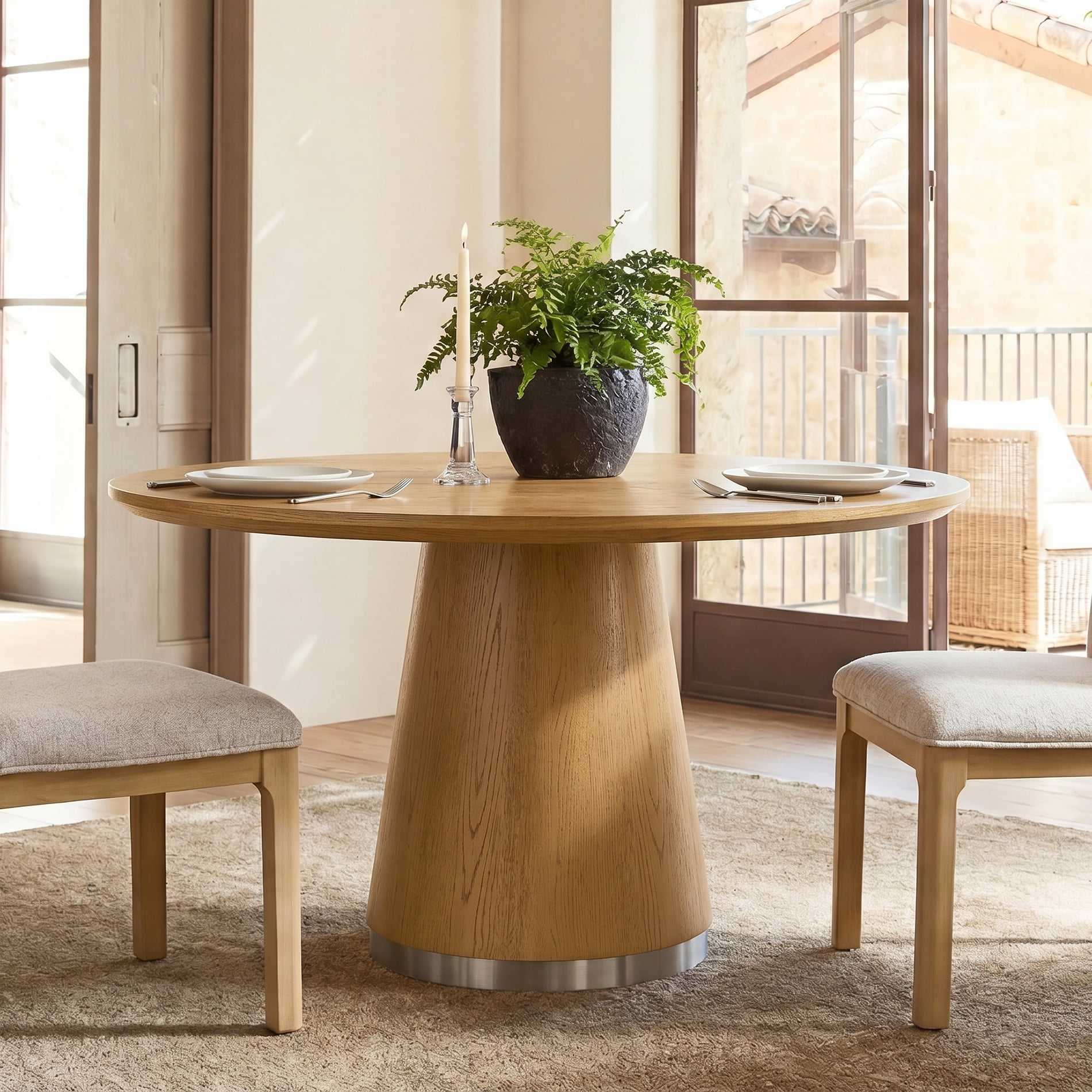 WAMPAT 43" Round Dining Table With Pedestal Base, Oak Brown