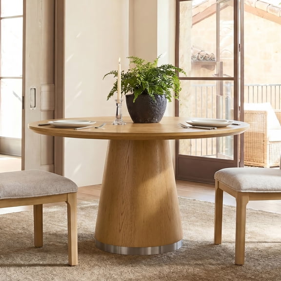 WAMPAT 43" Round Dining Table With Pedestal Base, Oak Brown