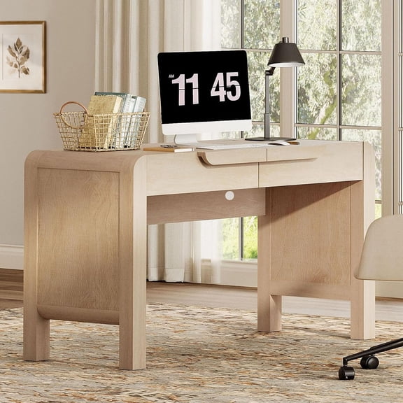 WAMPAT 47.2"W Mid-Century Modern Curved Desk with 2 Drawers & Charging Station, Wood Writing Computer Desk for Home Office, Bedroom & Study Room