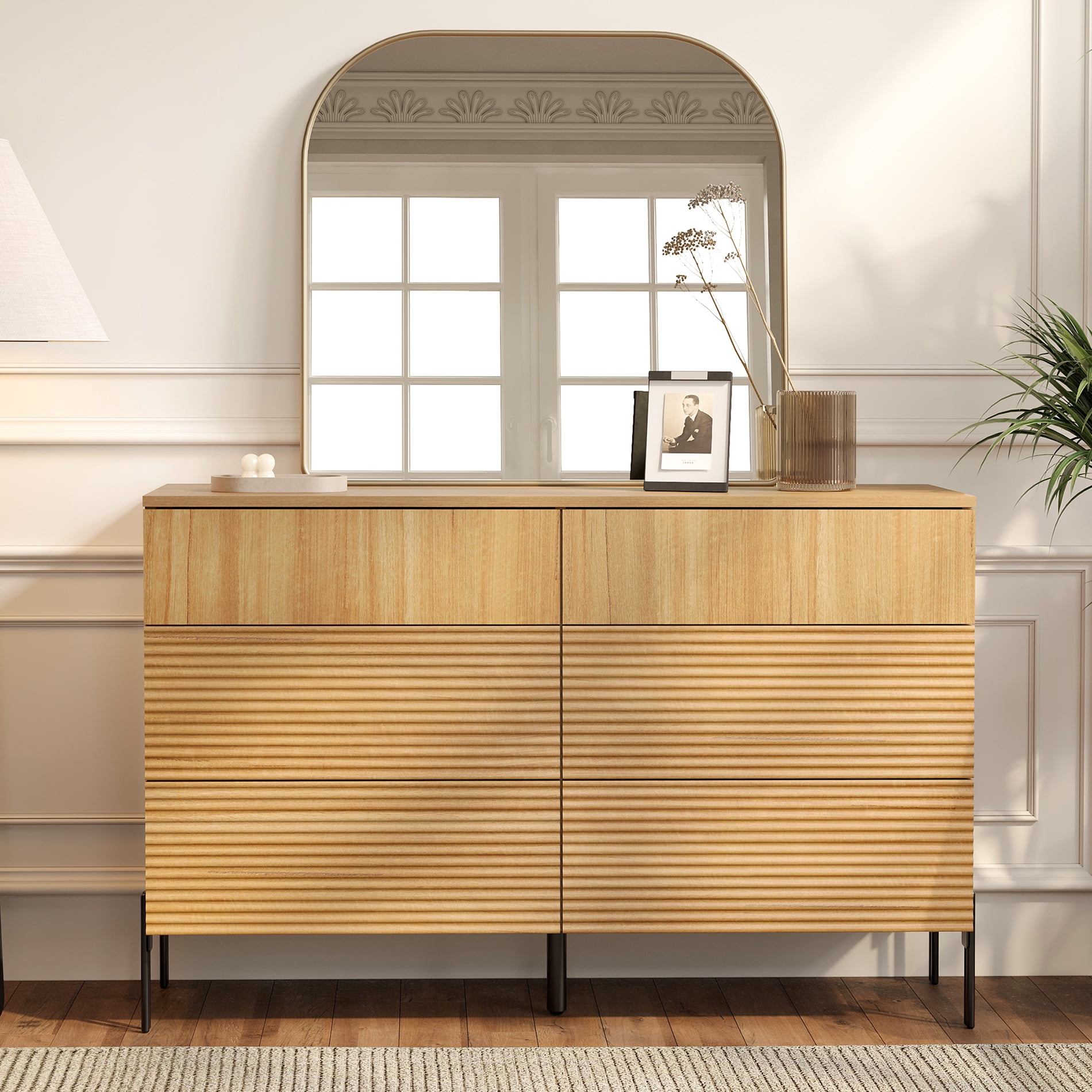 WAMPAT 47.2" Wood Accent Cabinet with Drawers, Modern Credenza Storage Cabinet with Minimalist Reeded Design for Living Room, Kitchen, Dining Room, Hallway