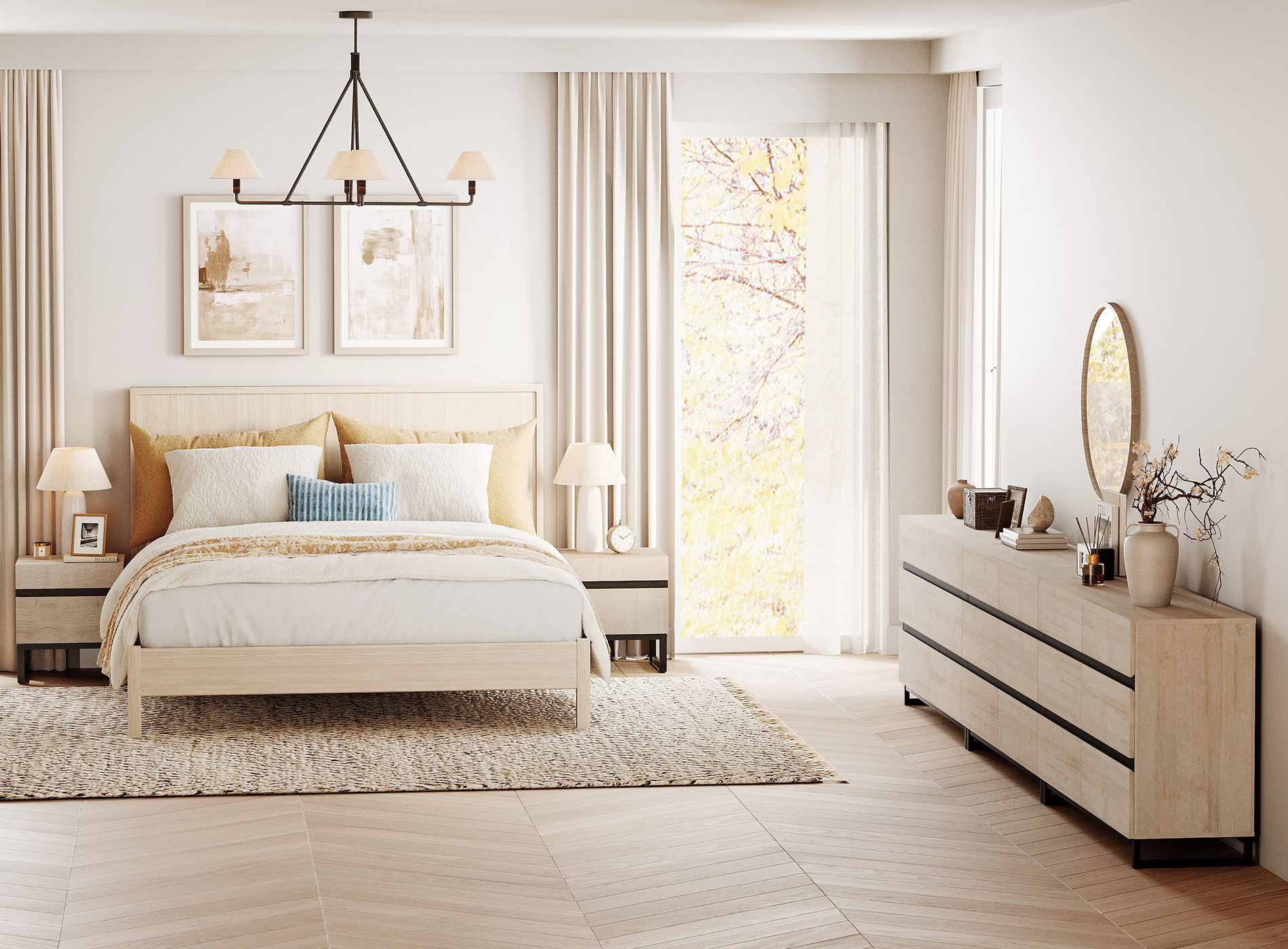 WAMPAT 5-Piece Bedroom Set, Modern 142" 18-Drawer Dresser & 2 Nightstands (2 Drawers Each)